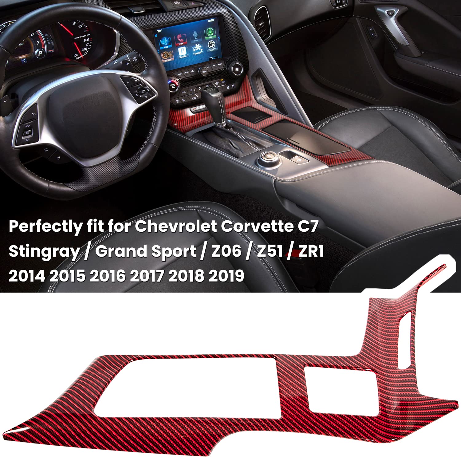 E-cowlboy Carbon Fiber Look Control Gears Panel Cover for Chevrolet Corvette C7 Z06/Z51/ZR1 2014-2019 - Red, ABS Material