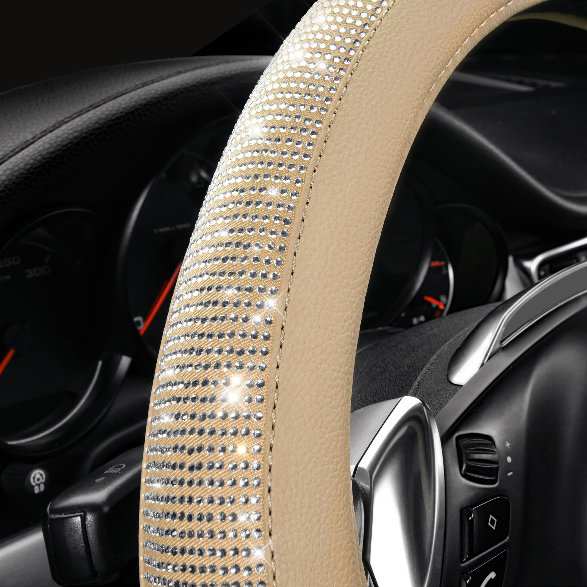 CAR PASS Bling Diamond Beige Leather Steering Wheel Cover, 14.5"-15" Universal Fit for Cars, Sparkly Rhinestones for Women