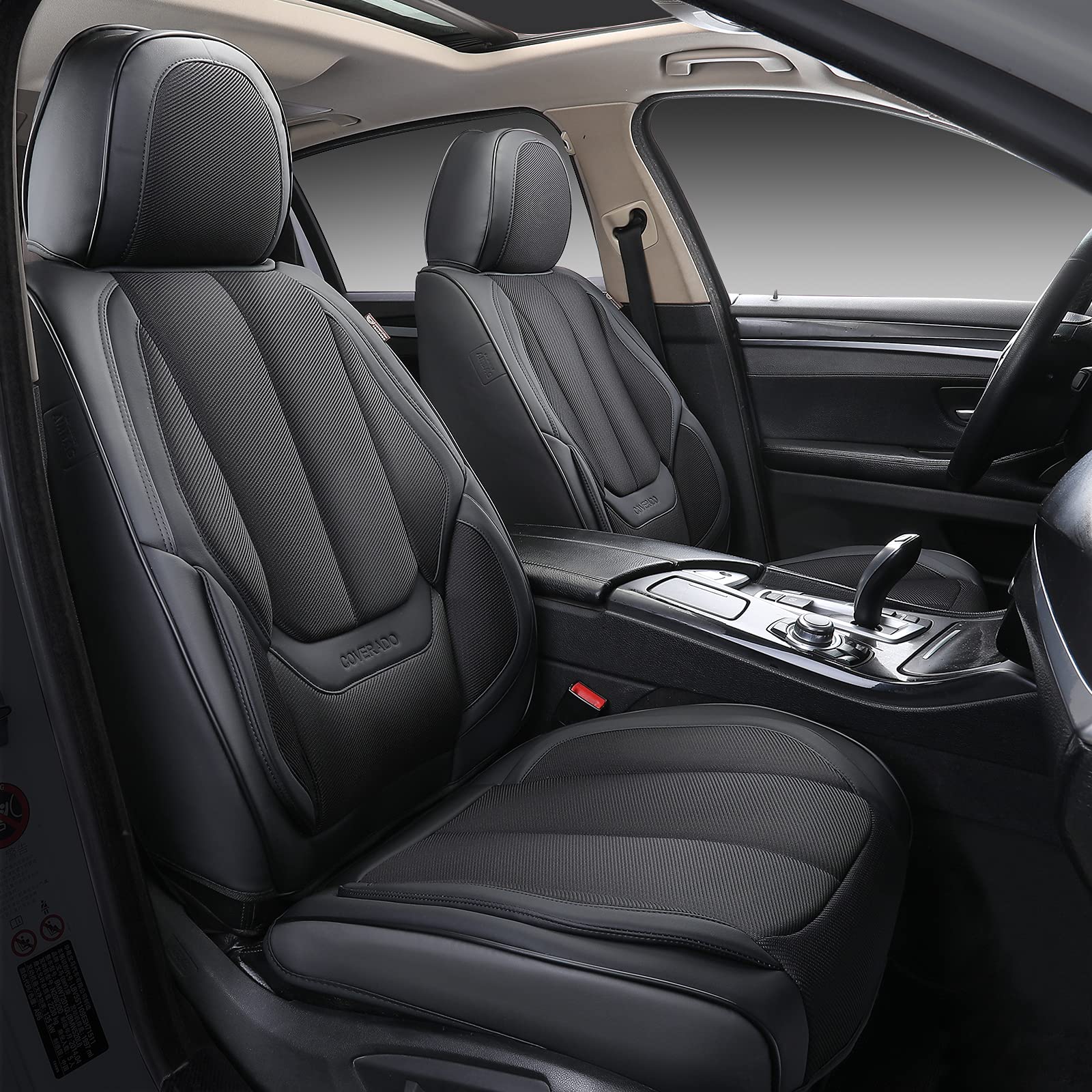 Coverado Front And Back Seat Covers 5 Pieces, Full Set Universal Seat Covers For Cars, Breathable Fabric&Leather Car Seat Protec