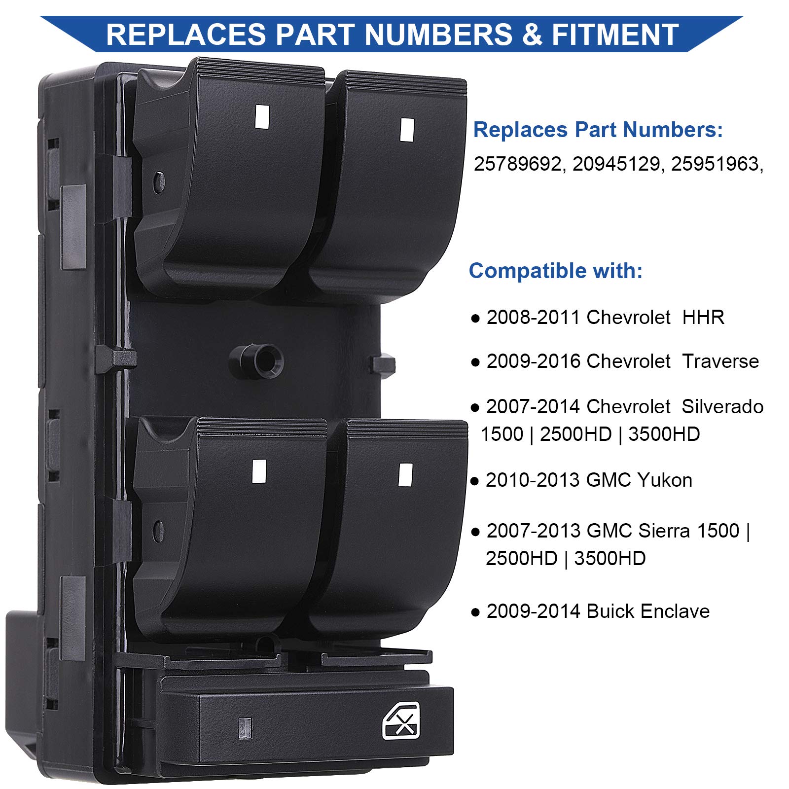Obaee Driver Side Power Master Window Switch, Compatible With Chevy Silverado/Chevrolet Traverse/Hhr/2007-2013 Gmc Sierra/Yukon/
