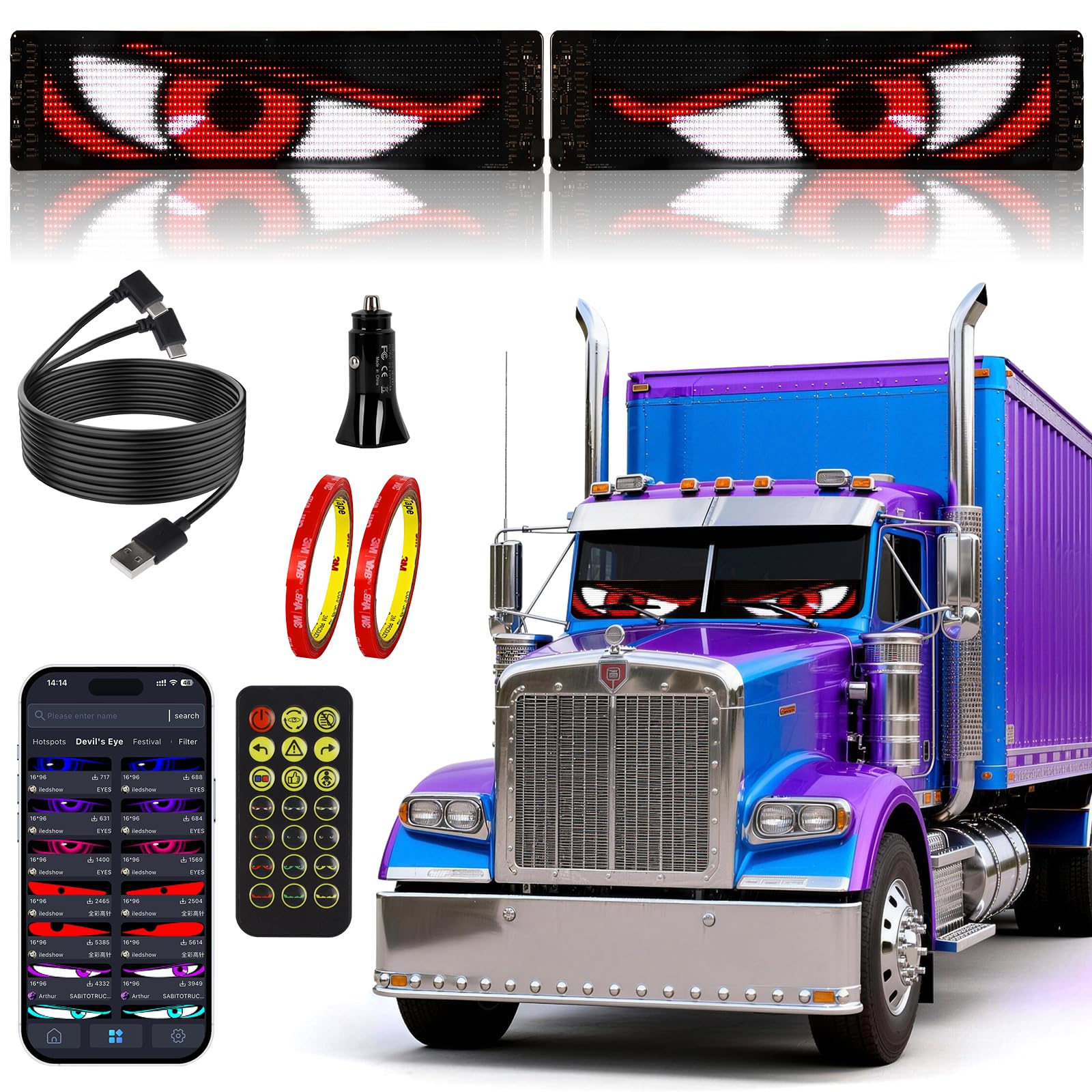 Devil Eyes Light for Cars 2PCS, 23.6x4.73 Dual LED Eyes Customizable for Car Windshield, Programmable Patterns, App/Remote C