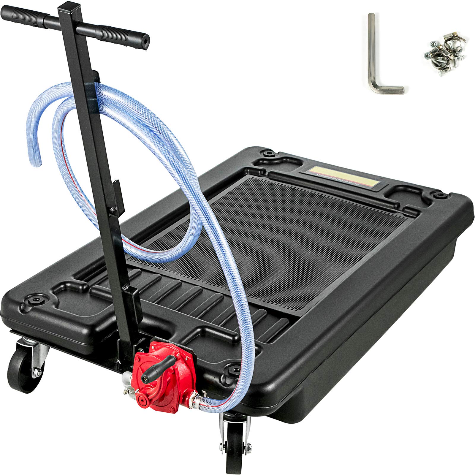 Bestauto Oil Drain Pan, 17 Gallon Oil Drain Pan with Pump, 64L Low Profile Oil Drain Pan with 8' Hose & Swivel Casters for SUV C