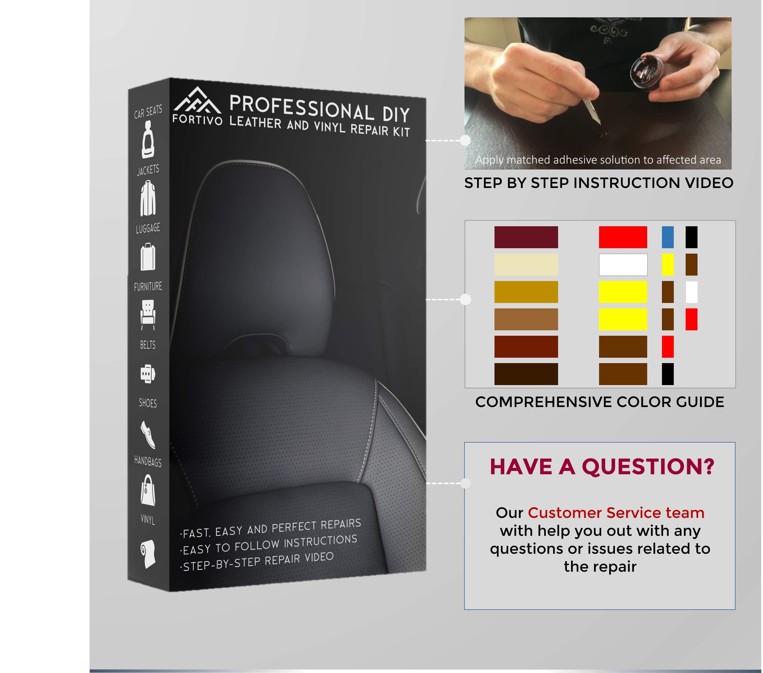 FORTIVO Black Leather and Vinyl Repair Kit - No Heat Required, Model 13, for Furniture, Car Seats, Jackets, Shoes, and More