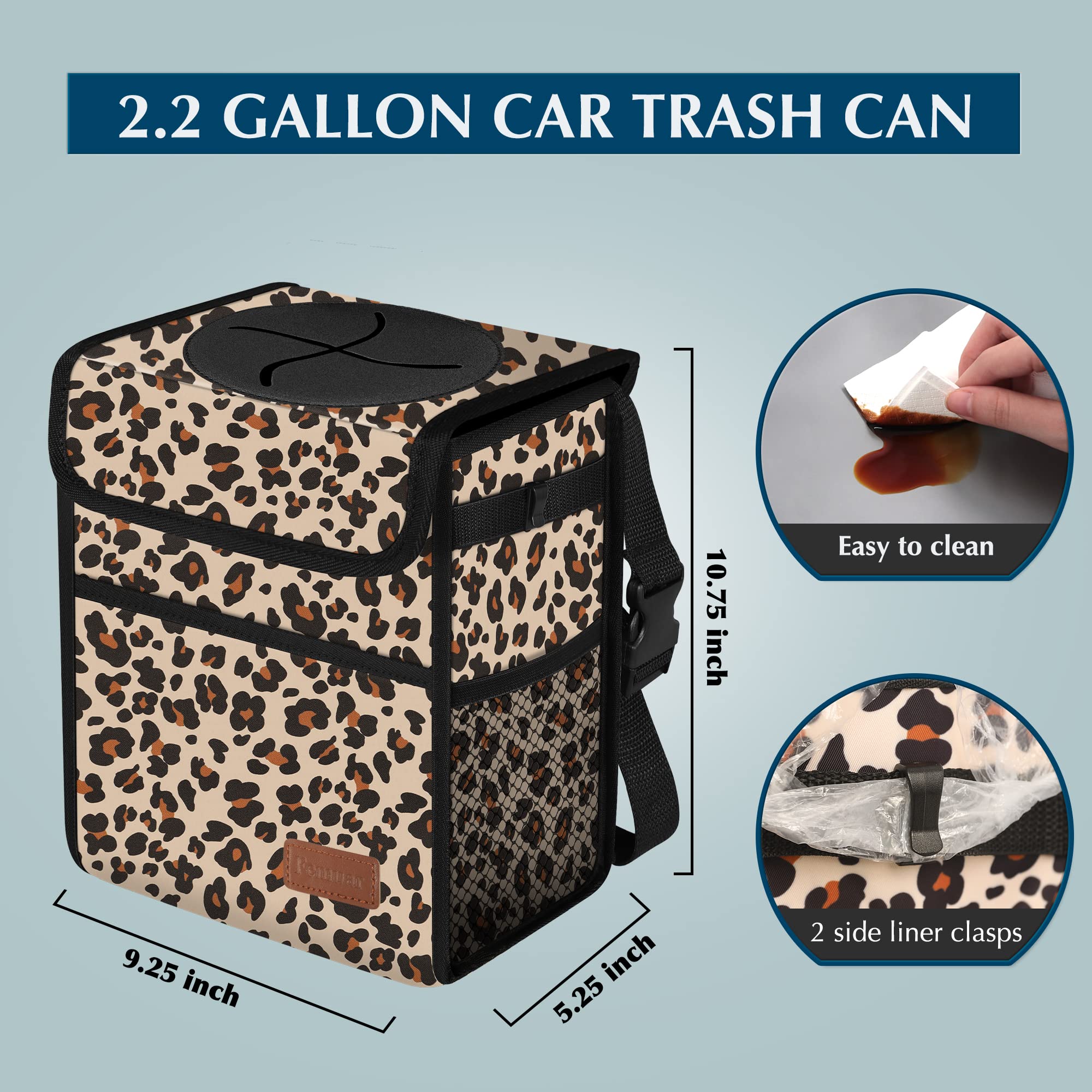 Femuar Car Trash Can - Leak Proof, Waterproof, 2.25 Gallons, Leopard Print, Collapsible, Portable for SUV Front Seat, Mesh Pocket