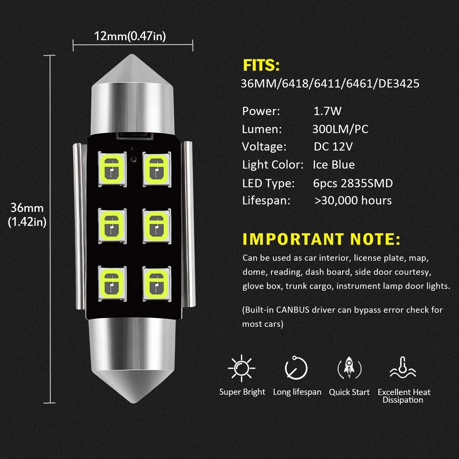 Auxlight 6418 6411 De3425 C5W De3423 36Mm 1.42”Festoon Canbus Error Free Led Interior Light Bulbs Ice Blue, Super Bright 6Smd Chips For Dome Map Door Courtesy License Plate Lights (Pack Of 6)