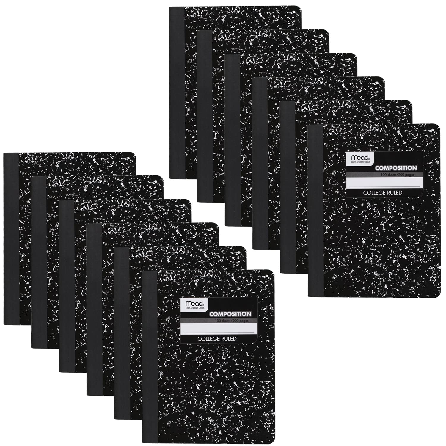 Mead Composition Notebooks, 12 Pack, College Ruled Paper, 9-3/4'' X 7-1/2'', 100 Sheets Per Comp Book, Black Marble (72938)