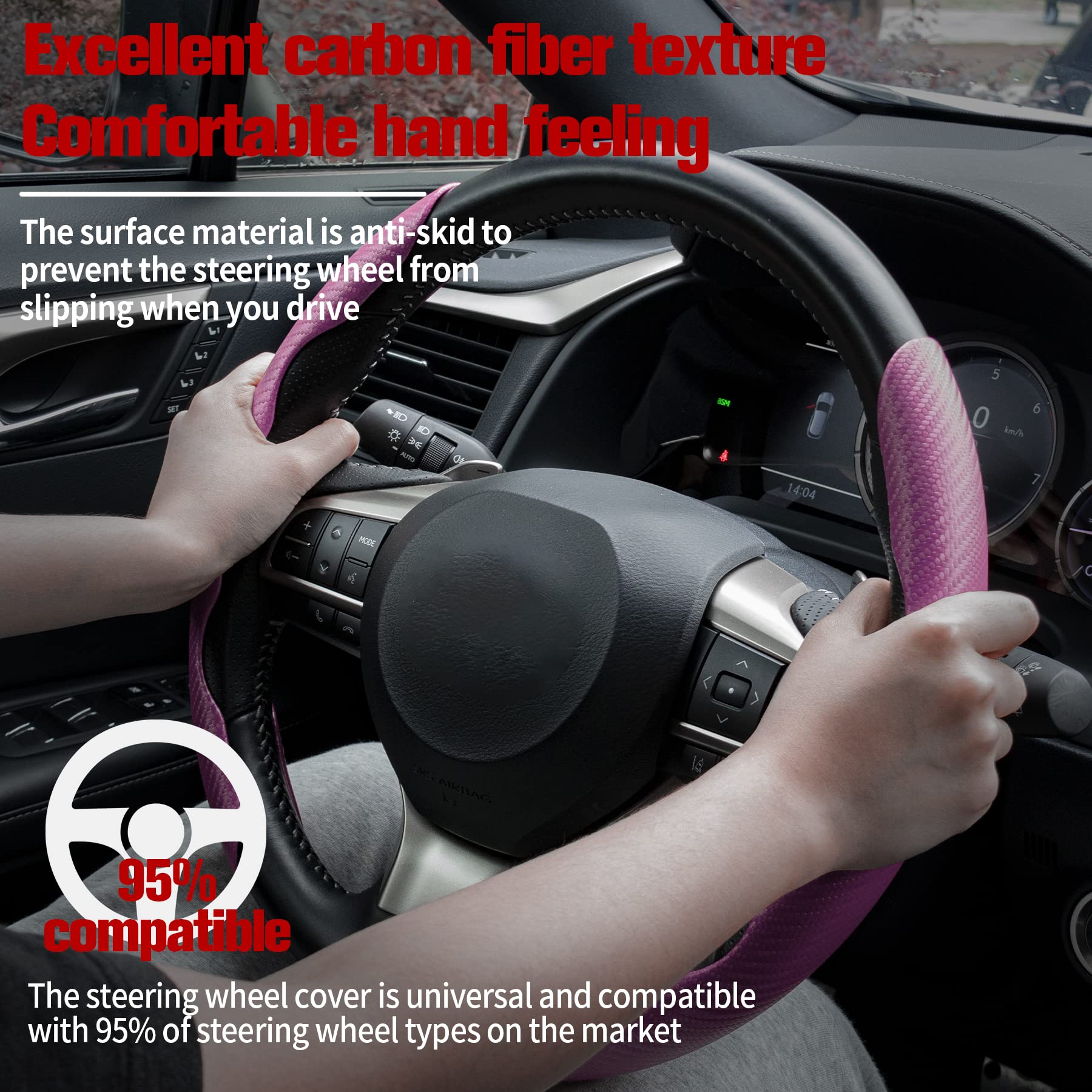 Amiss Carbon Fiber Steering Wheel Cover, Anti-Skid Protector, 2pcs, Pink, Model Amiss-CPH/W1, Universal Fit for 99% Cars