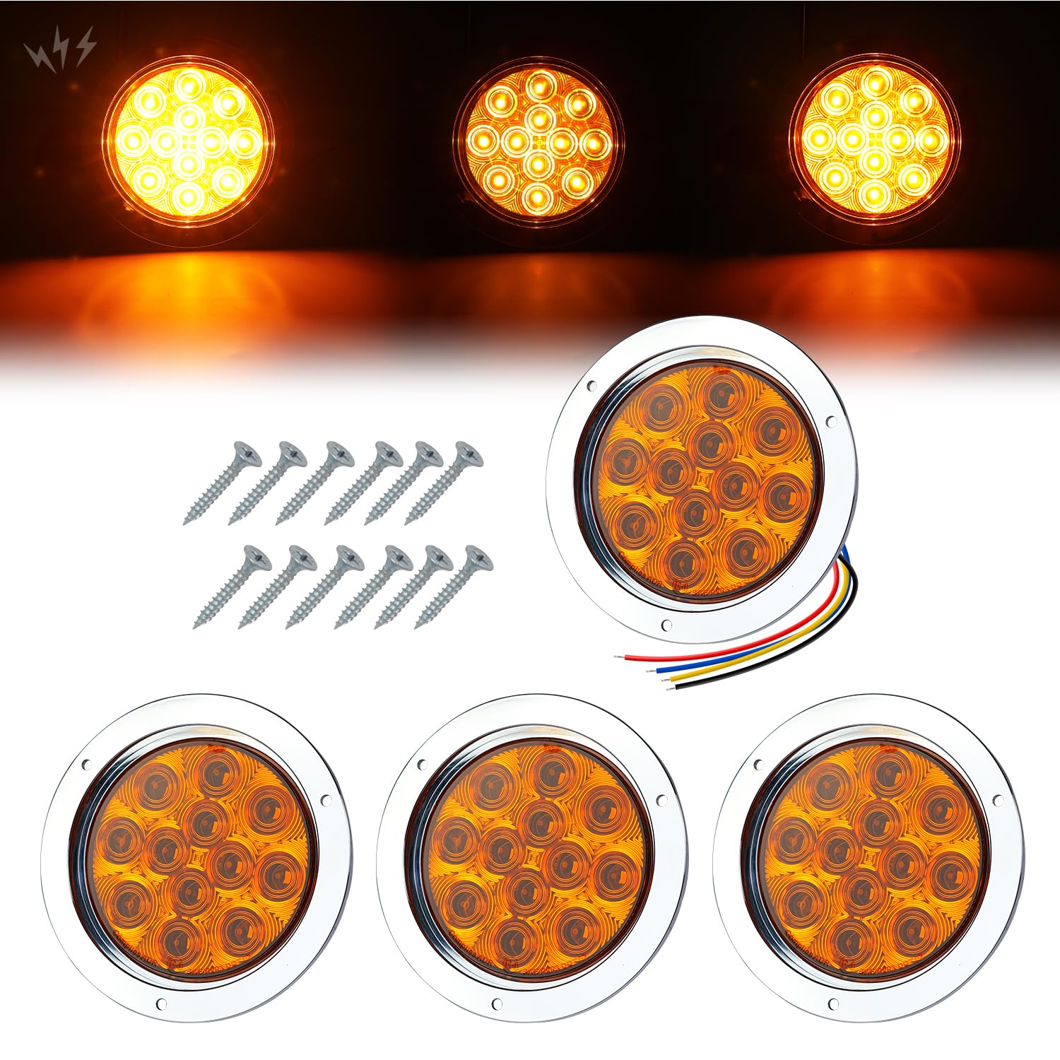 TMH (4 Pack 4 Inch Amber LED Strobe Trailer Tail Lights, 12 LED Flush Mount, Chrome Bezel, Waterproof, Solid & Flashing Strobe L