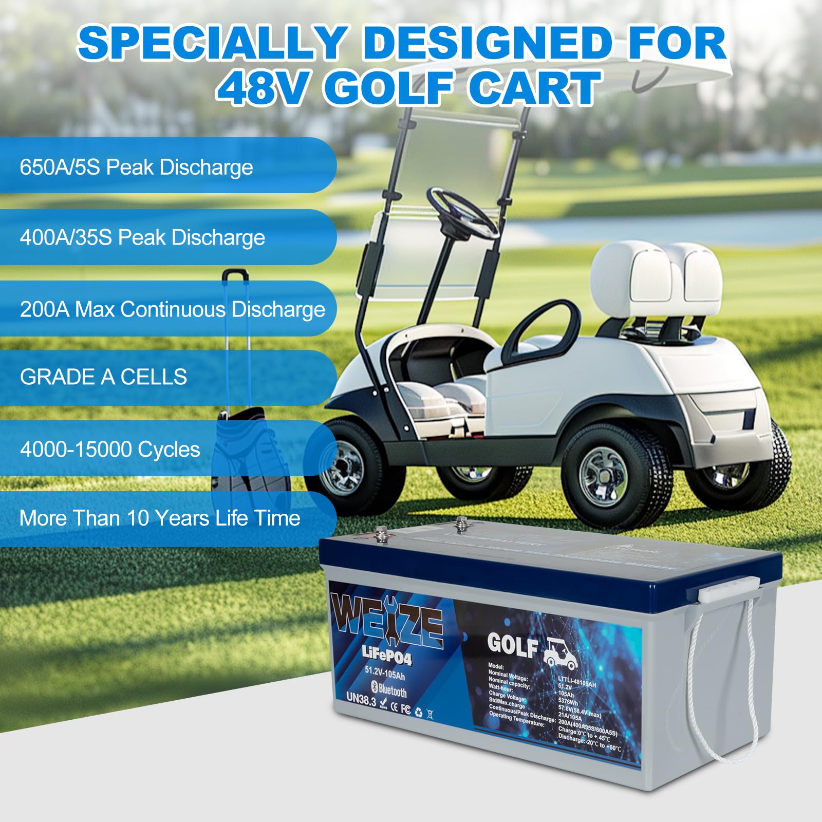 WEIZE 48V 105AH Golf Cart LiFePO4 Battery with Bluetooth, Charger, 200A BMS, LCD Display, Pack of 1, Model BAC-0126VWE