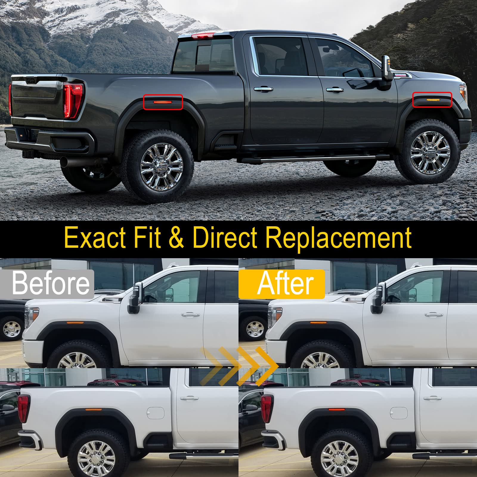 R&F Auto 4Pcs Smoked Lens Led Side Marker Lights Replacement For Sierra 2500Hd 3500Hd 2020-2024 Pickup Truck Amber Front Rear Re