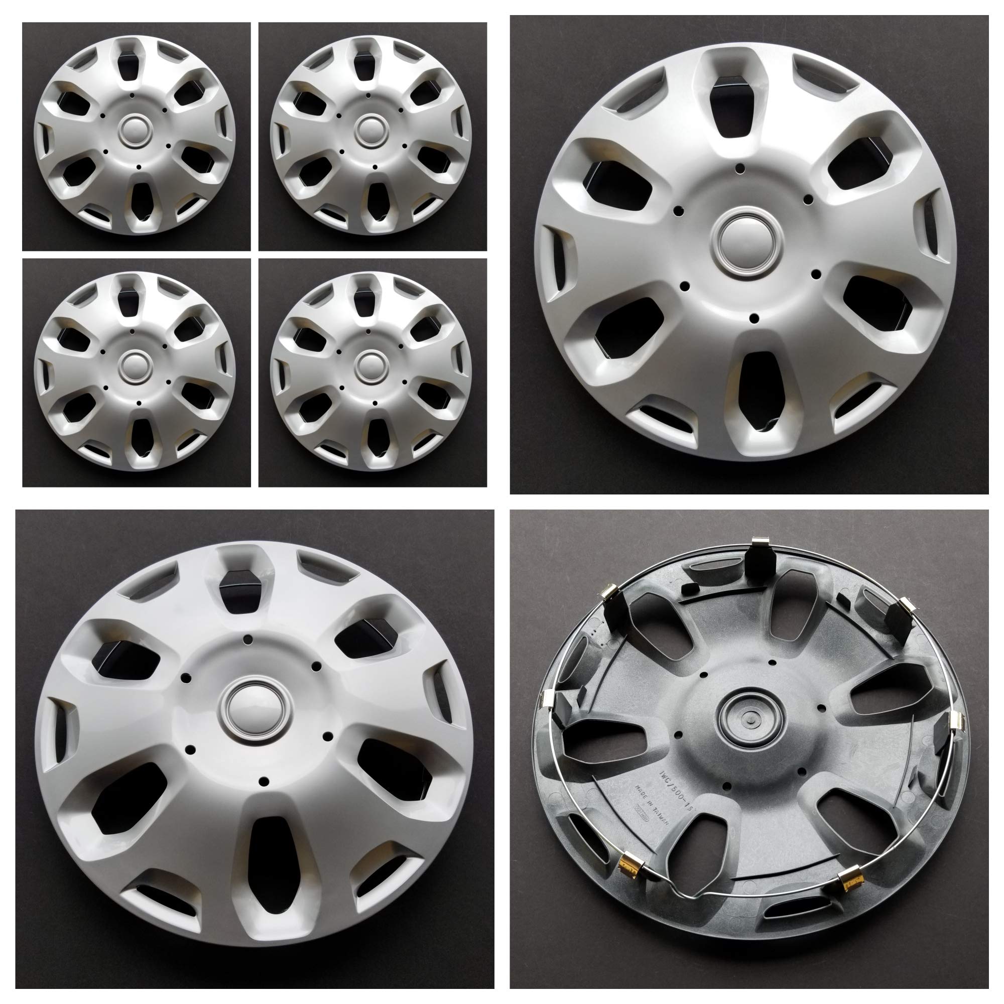 New Wheel Covers Replacements Fits 2010 2013 Ford Transit Connect 15 Inch; 6 Spoke; Silver Color; Plastic; Set of 4; Spring Stee