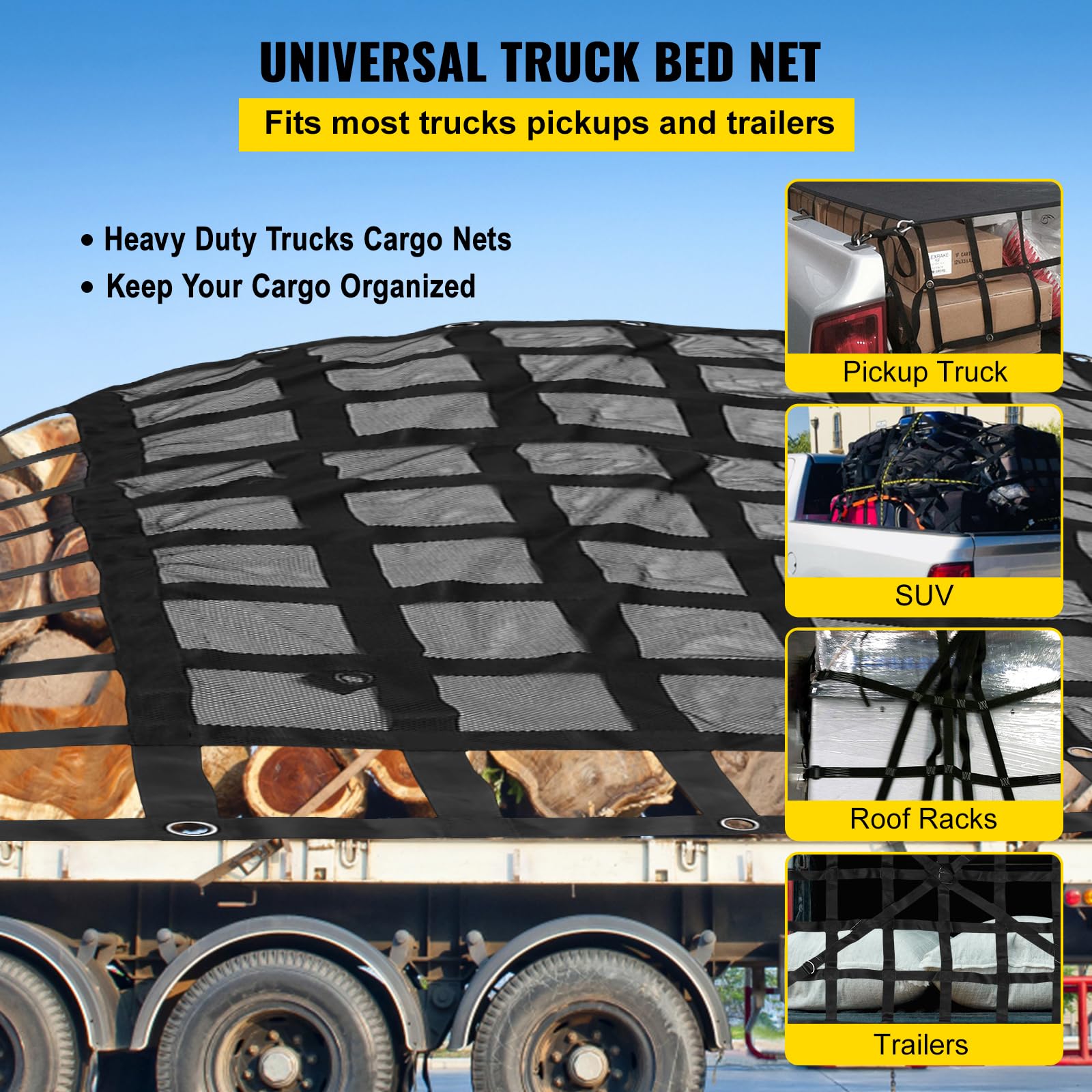 VEVOR Cargo Net with Mesh, 8' x 6.7' Cargo Net for Pickup Truck Bed, Heavy Duty Cargo Nets with Cam Buckles & S-Hooks & Cross St