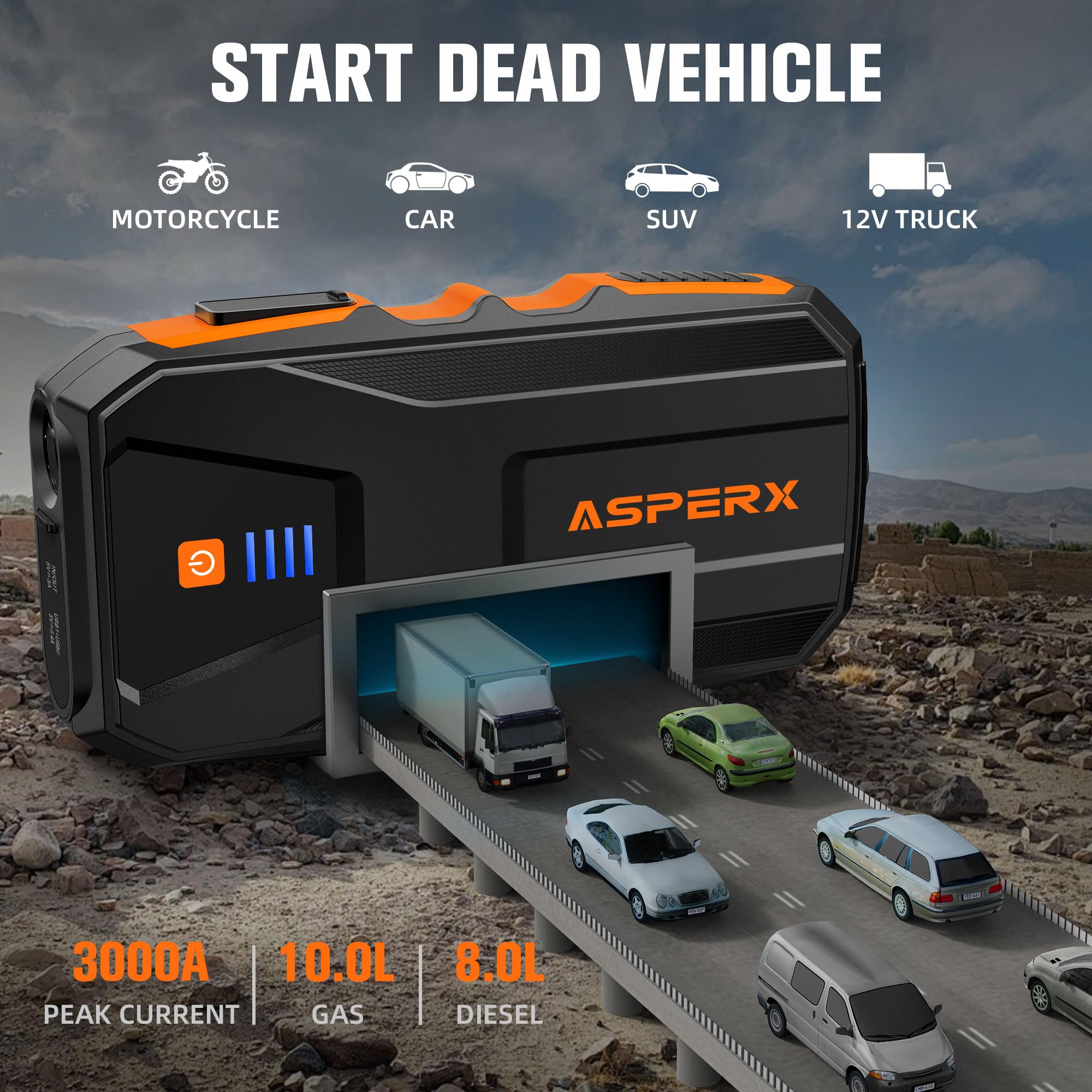 AsperX 3000A Portable Jump Starter for 12V Car Battery, LED Light, Smart Cables, Model AX3150, Orange