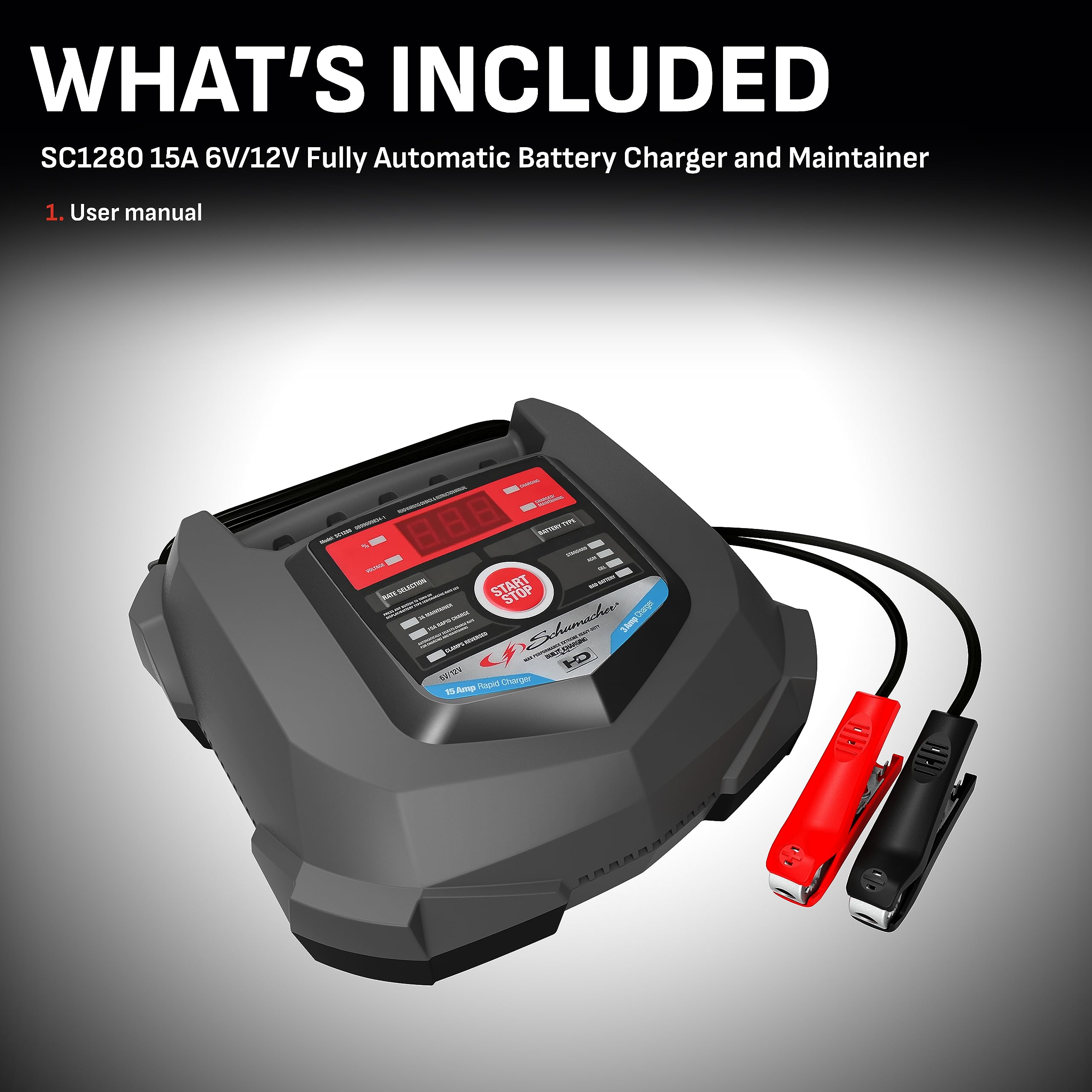 Schumacher Electric SC1280 4-in-1 Car Battery Charger & Maintainer, 15A for 6V/12V, Black