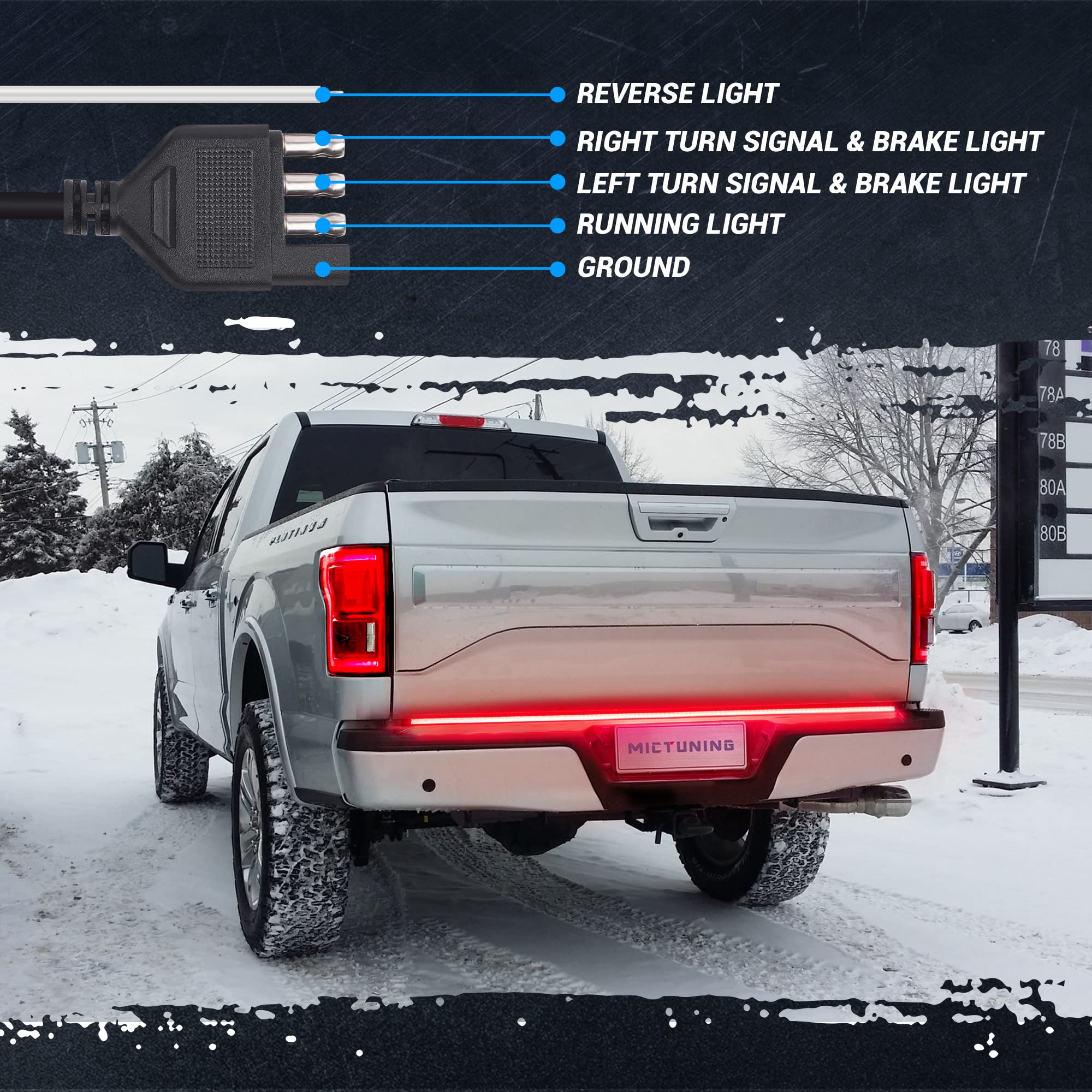 Mictuning 60 Inch Aluminum Frame Triple Tailgate Light Bar 1200 Led Waterproof With 4-Way Flat Connector - Full Function Amber S