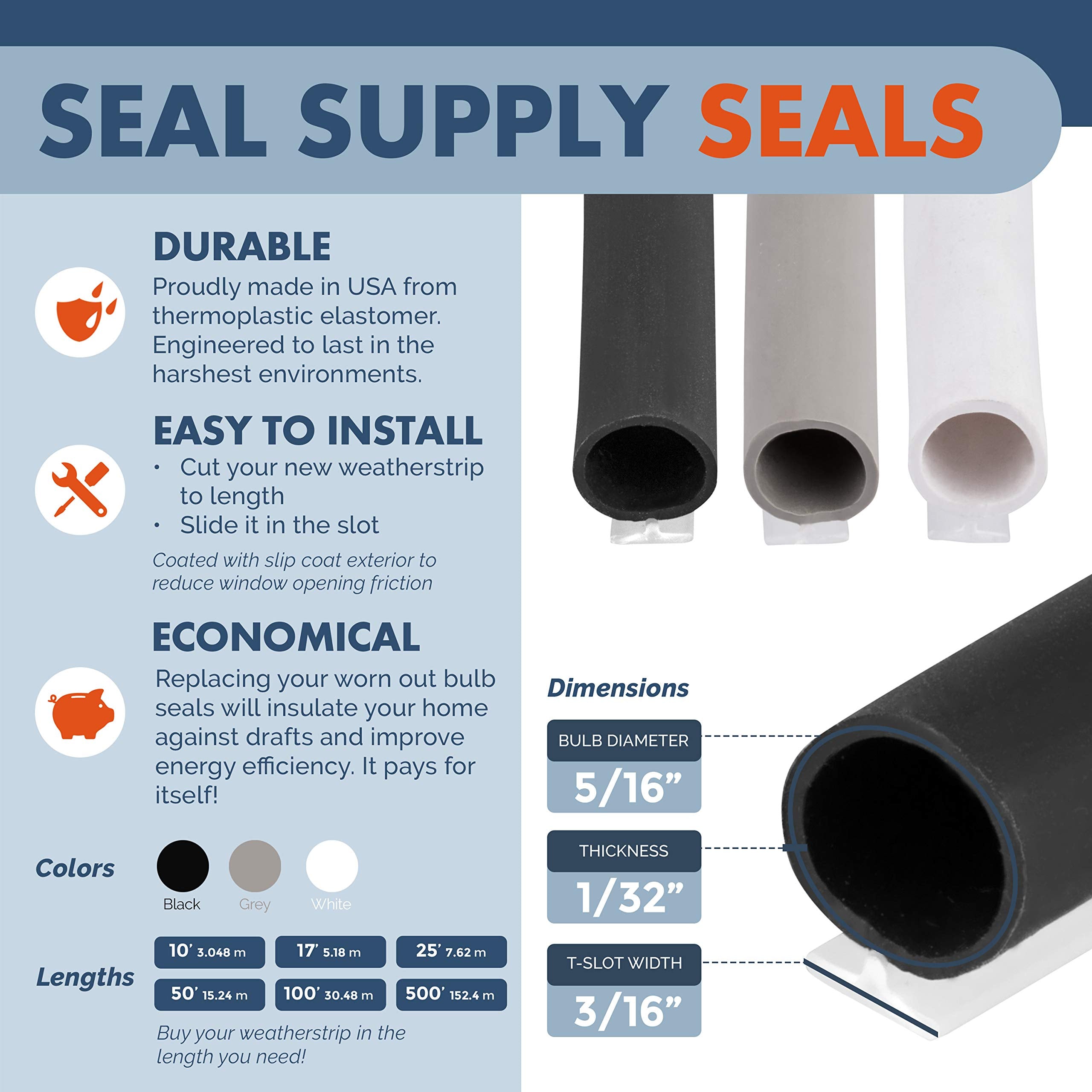 T-Slot Mount Window Weatherstrip Seal 5/16 Bulb Bubble For 3/16 Slot Receptacle 3 Colors & 5 Length Options (10', Black)