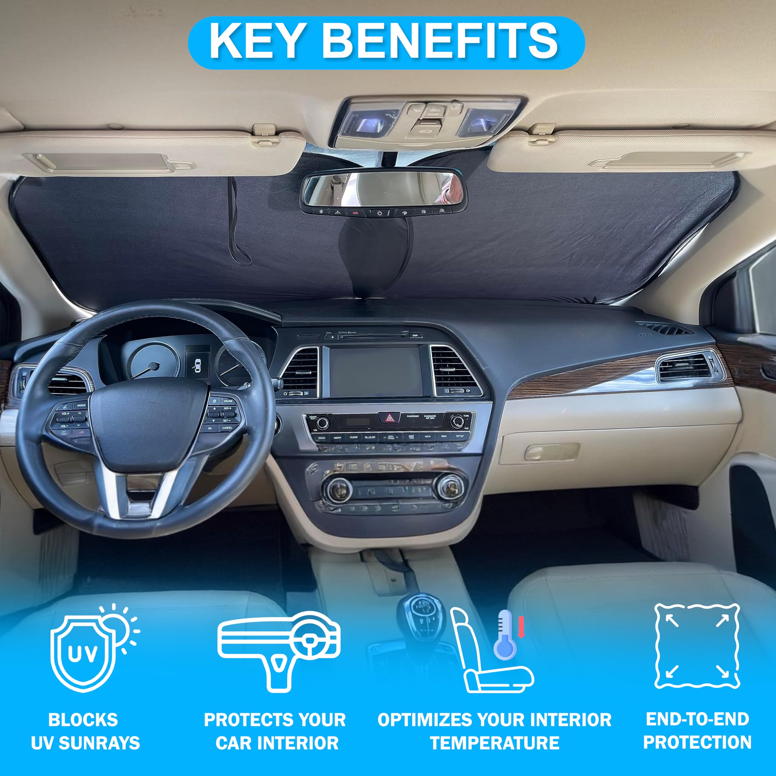 Autovir Car Windshield Sun Shade Foldable | Front Windshield Shade for Sun, Heat and UV Rays | Sunshade for Car Front Window and