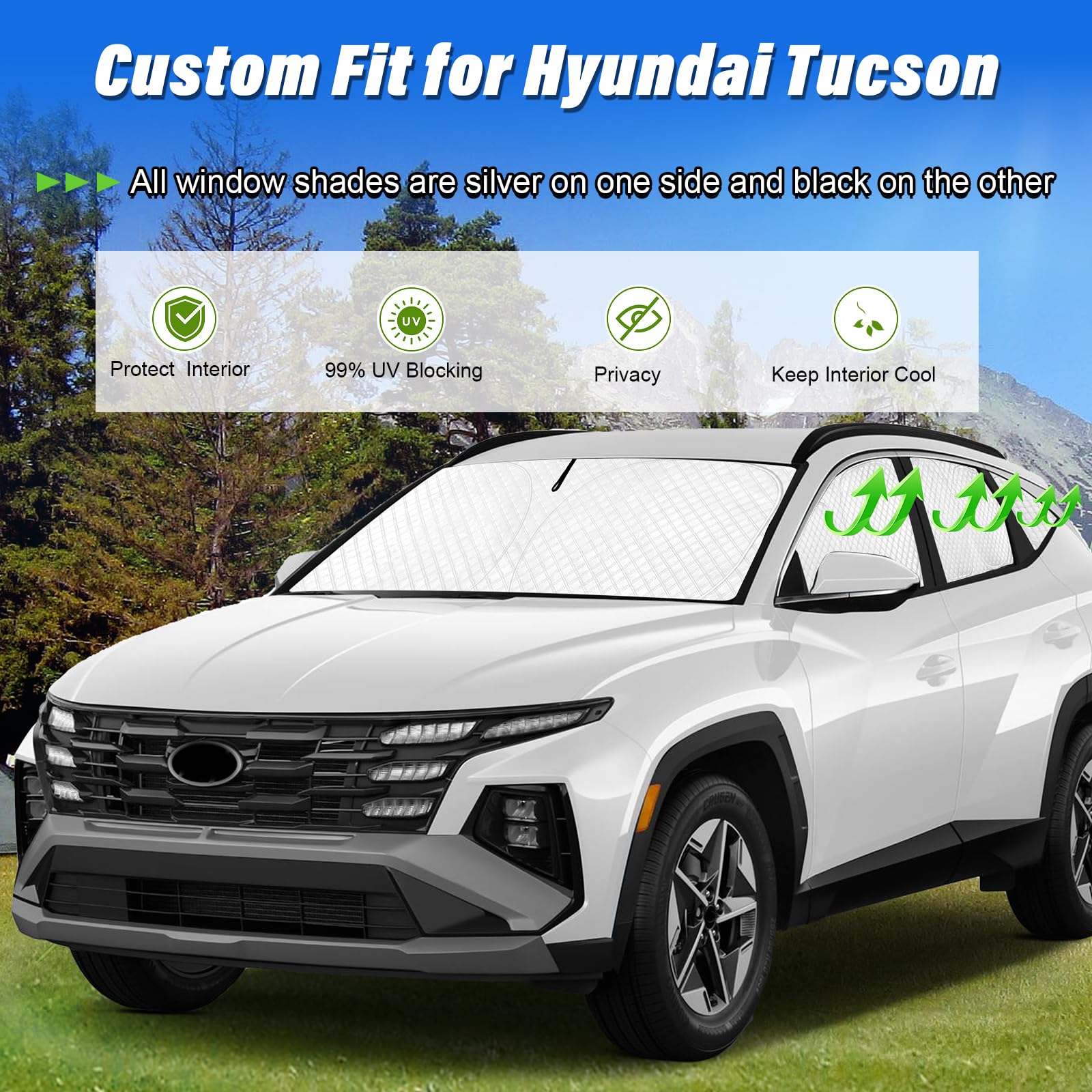 KMF 8pcs Sun Shades for Hyundai Tucson 2022-2024, Black Polyester Car Window Covers, UV Block, Privacy Protection
