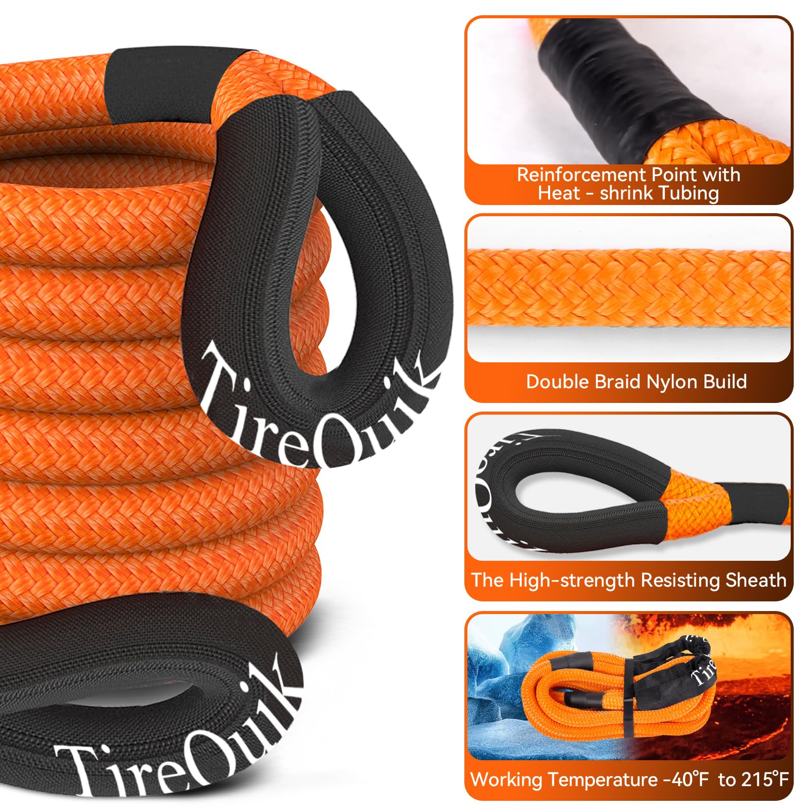 Kinetic Recovery Rope 1.26'' x 30ft 55000lbs Heavy Duty Offroad Snatch Strap with 2 Soft Shackles, Kinetic Tow Rope Recovery Kit