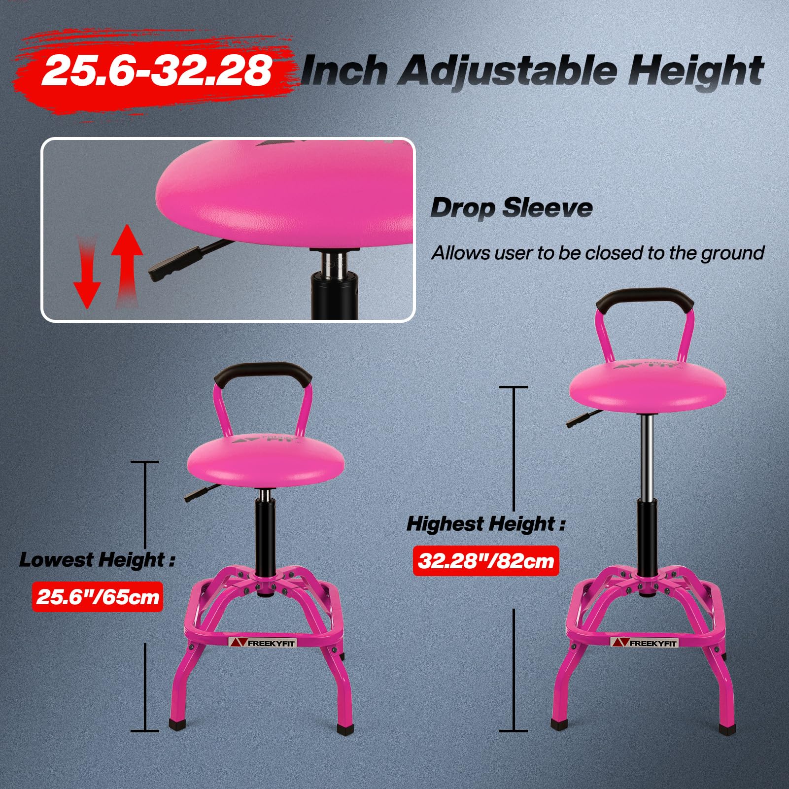 FreekyFit Adjustable Height Swivel Garage Stool, Heavy Duty Pink Shop Chair, 360° Rotation, Model D03-P, 300 LBS Capacity