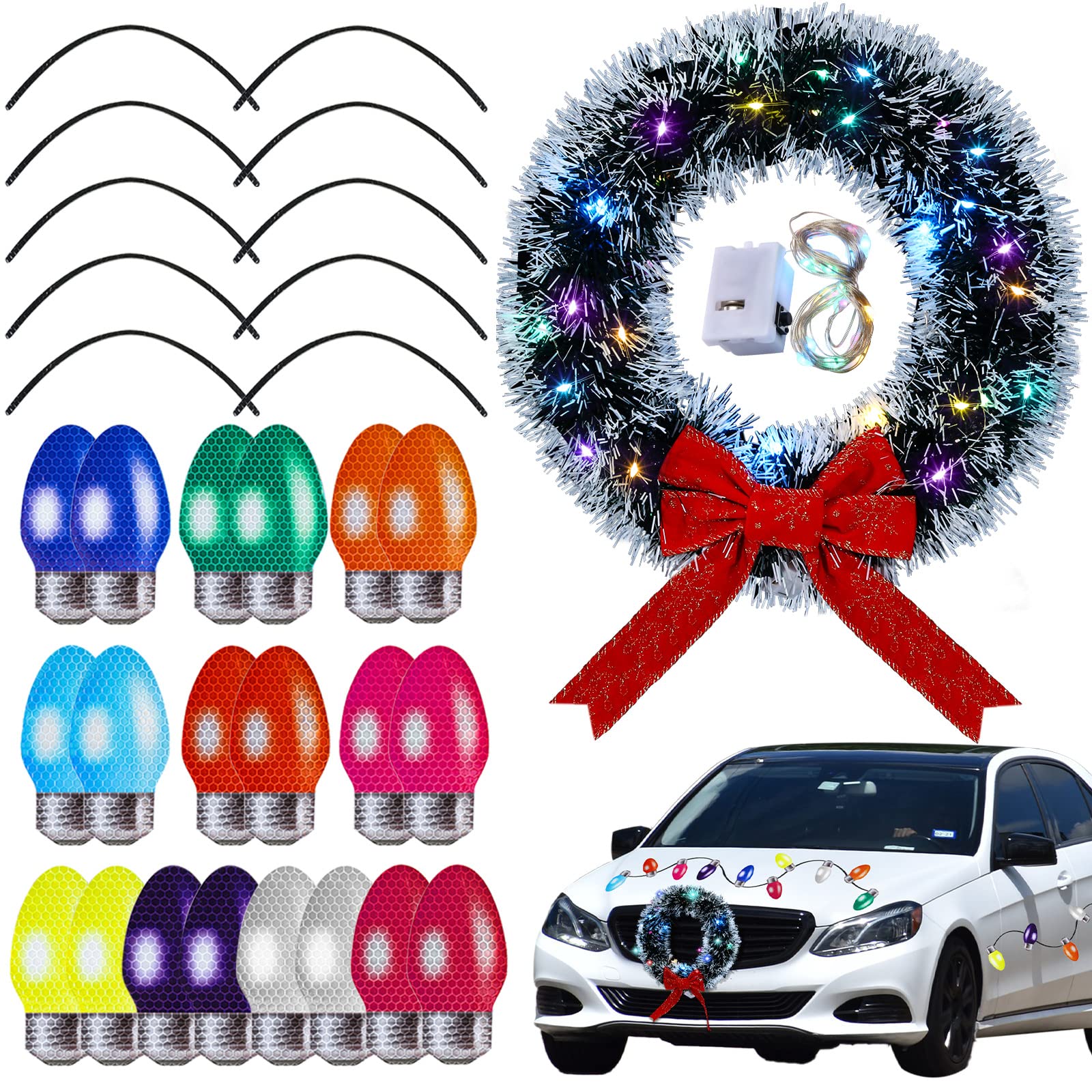 Christmas Car Wreath Magnetic Decorations Set with Artificial Car Wreath LED Light Reflective Bulb Light Shaped Car Magnets and 