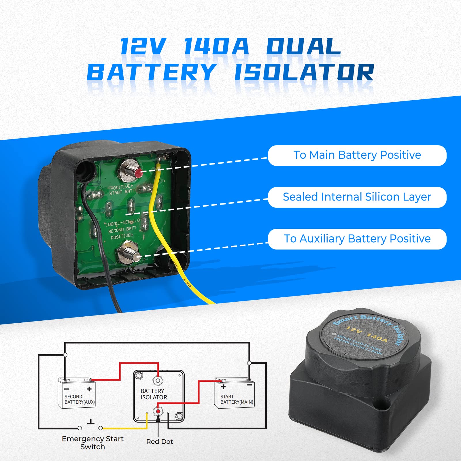 KEMIMOTO Dual Battery Isolator Kit, 12V 140Amp UTV-SBI-CM Dual Battery Kit for UTV ATV RV Car Truck Marine Boat, Compatible with