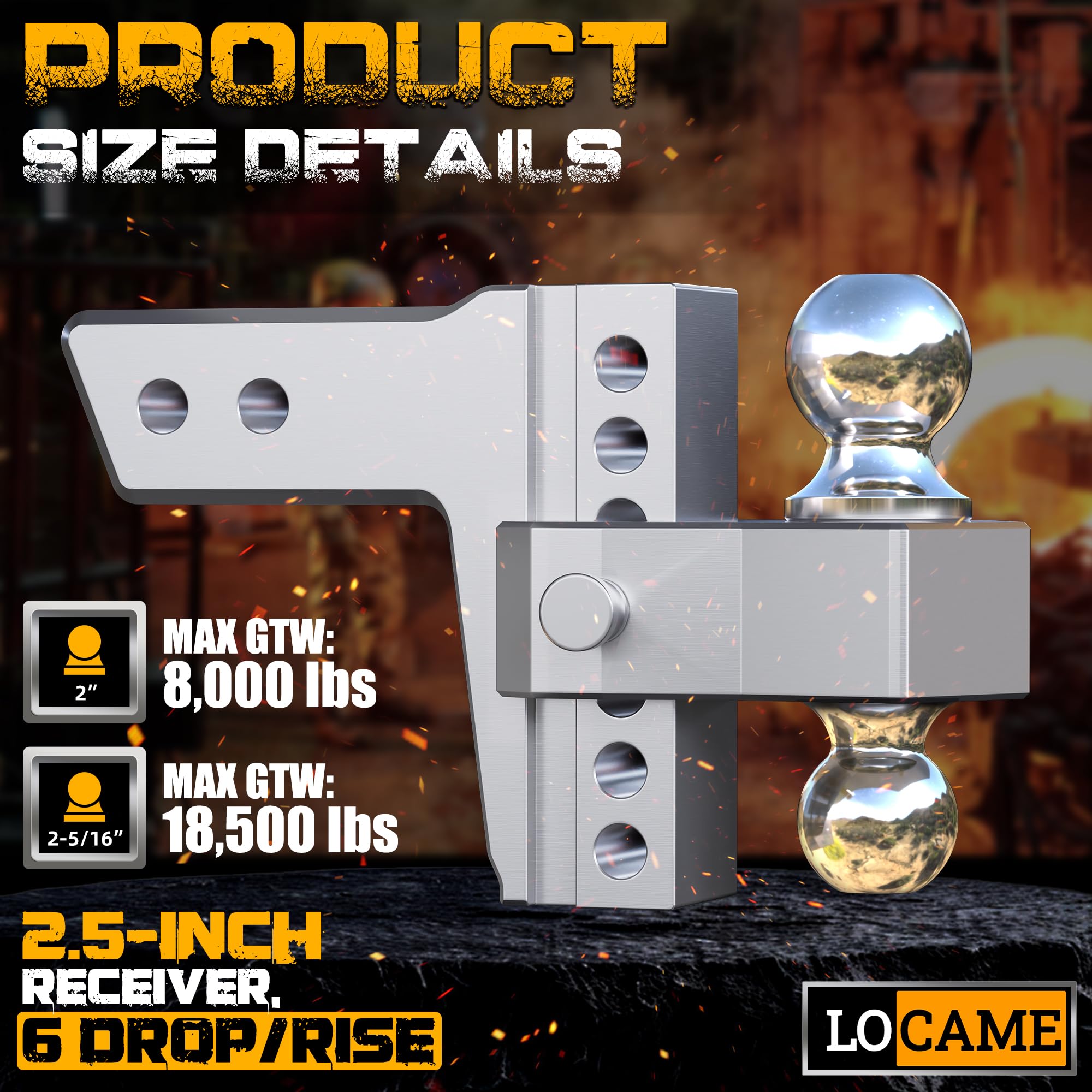 LOCAME Adjustable Trailer Hitch, 6-Inch Drop/Rise, Aluminum, 18,500 LBS GTW, Fits 2.5-Inch Receiver, Model LC0026, Black