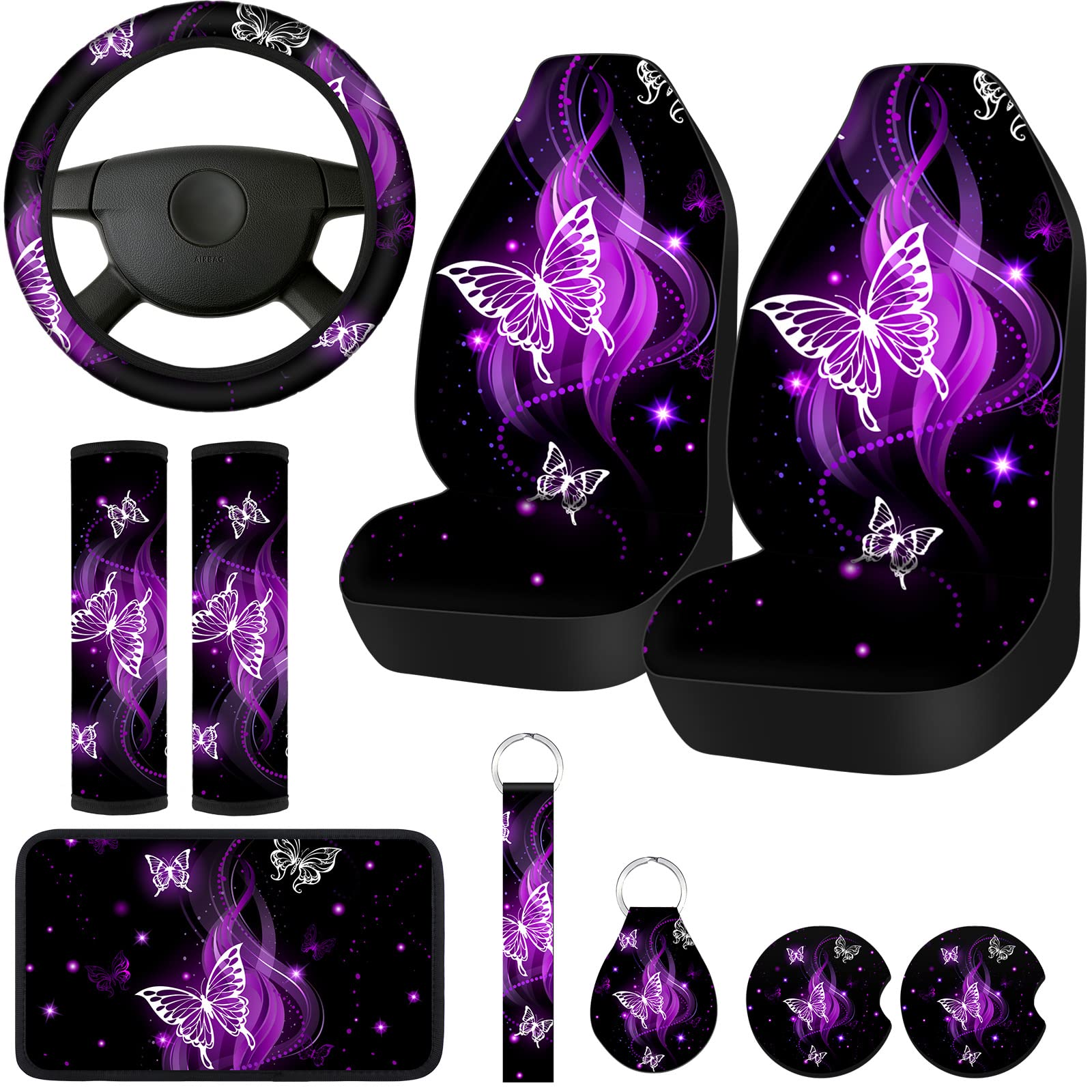 Frienda 10 Pcs Car Seat Covers For Women Butterfly Car Accessories Car Interior Seat Covers With Steering Wheel Cover, Wrist Str