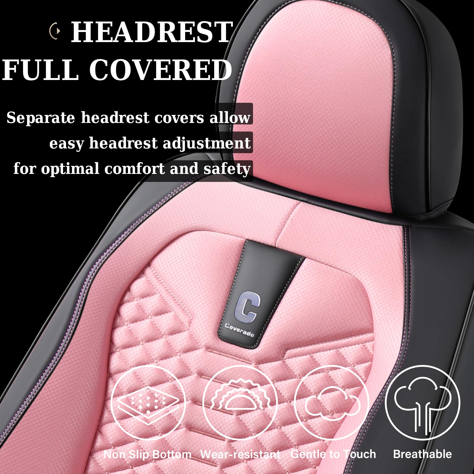 Coverado Car Seat Covers Full Set - Breathable Faux Leather & Fabric, Soft-Pink, Fits Most Sedans, SUVs & Trucks, Model D-8847