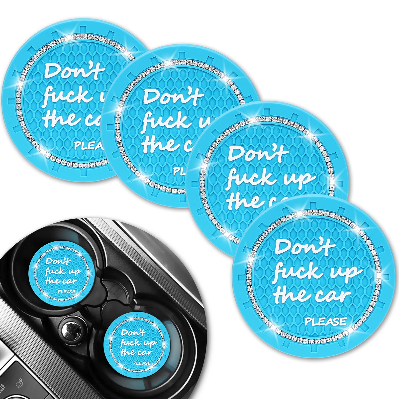 Bling Car Coasters, Shanshui 4 Pack Universal Auto Anti Slip Cup Holder Insert Coaster, Bling Crystal Rhinestone Car Interior Accessories For Most Cars (Blue / 4Pcs)