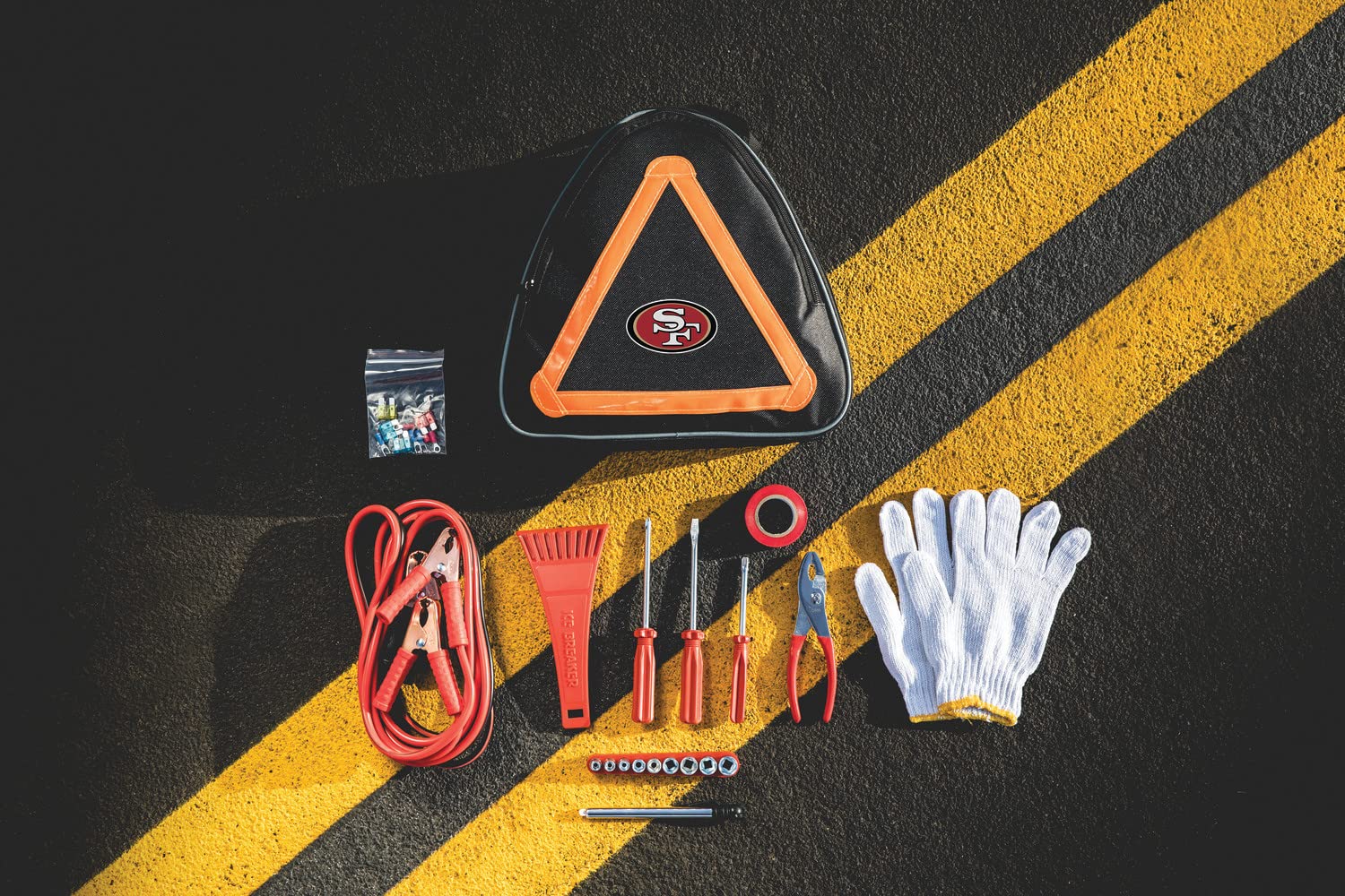 Picnic Time Nfl San Francisco 49Ers Roadside Emergency Car Kit, Auto Vehicle Safety Road Side Assistance With Jumper Cables And