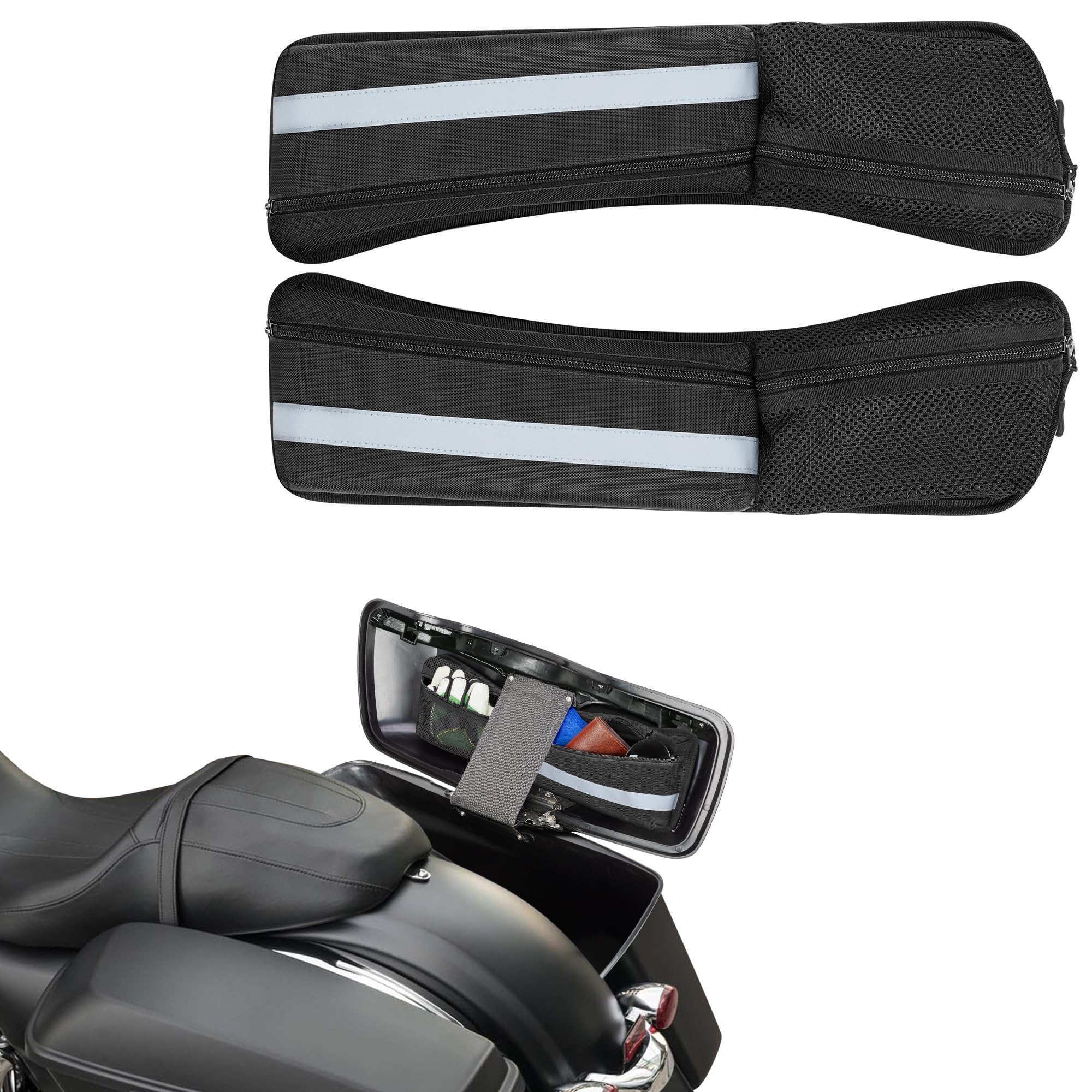 Rexmica 2pcs Hard Saddlebag Lid Organizers, Universal Saddlebag Lid Organizer Pouch Set 19.3'' Long Compatible with Harley David