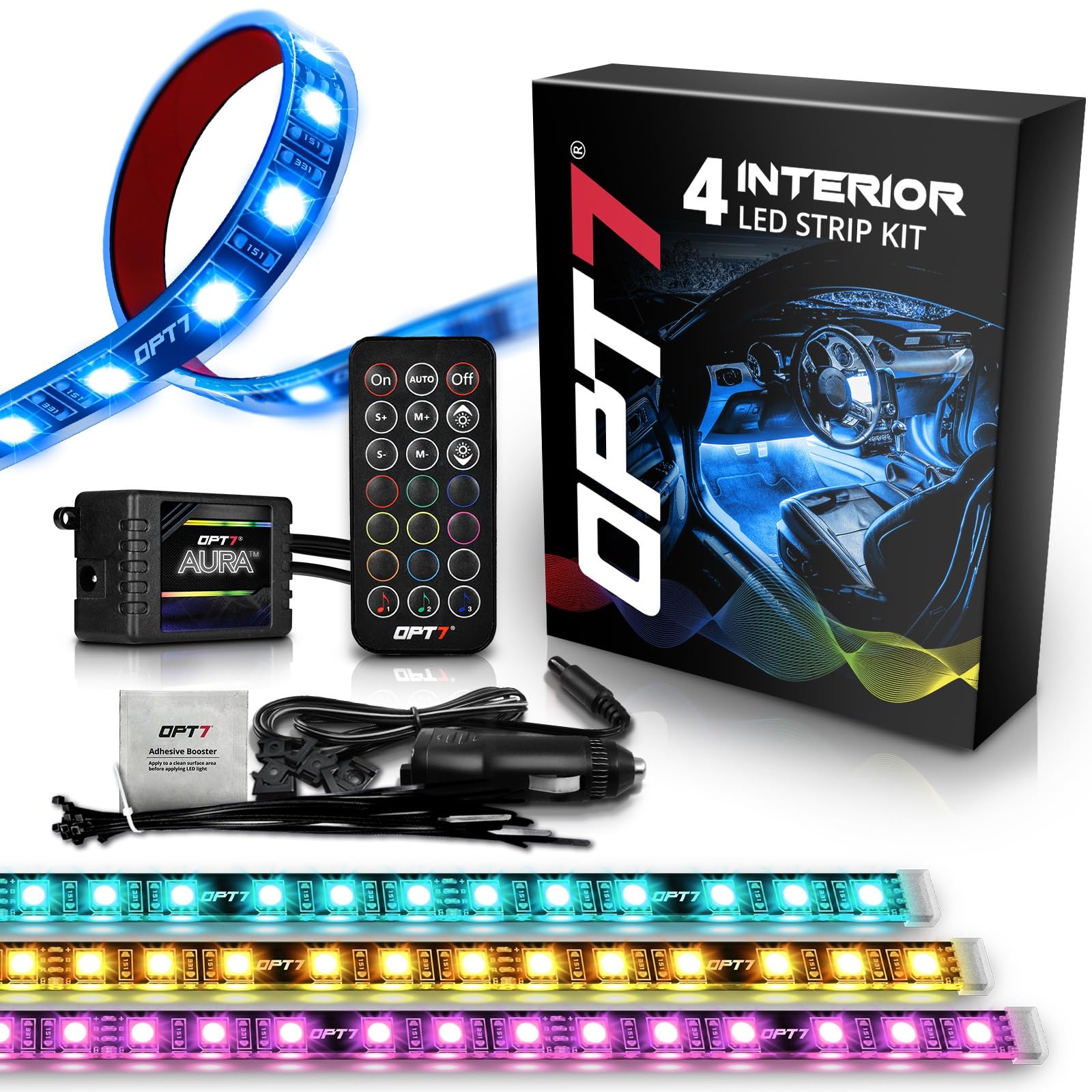 Opt7 Aura Interior Car Lights With Remote Control, Color Change, Music Sync Inside Ambient Lighting Kit, Led Light For Cars Truc
