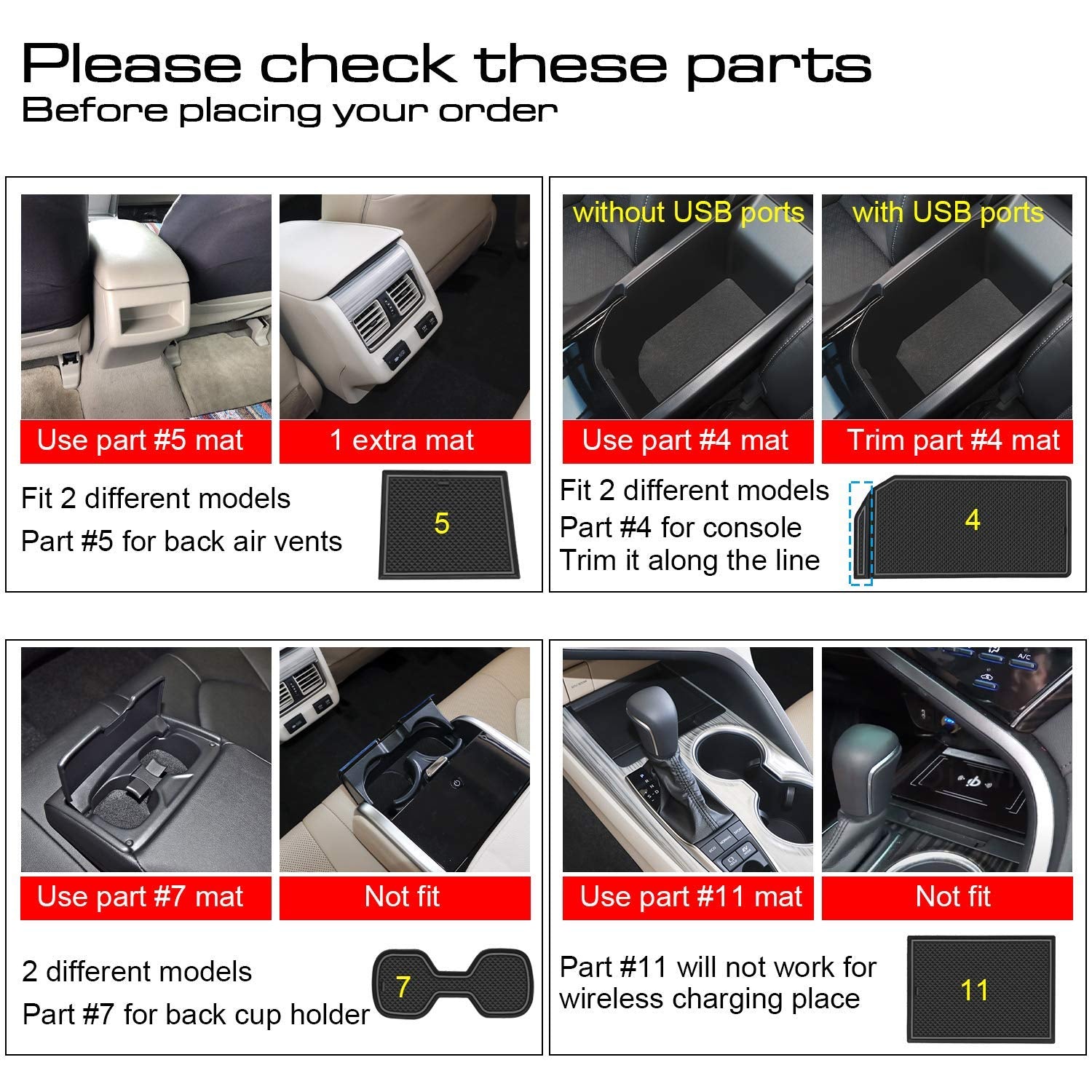 REMOCH Cup Holder Insert & Center Console Organizer for Toyota Camry 2018-2024, Gray Rubber, 16 Pcs Set