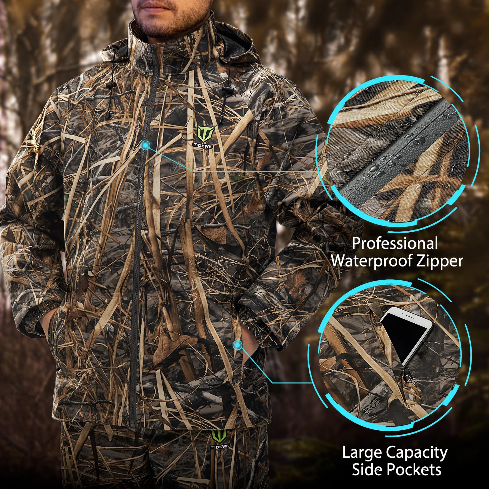 TIDEWE Rain Suit - Waterproof Lightweight Rainwear, Large, Next Camo Evos, Model RS002-NEL-TE, Polyester & Non-woven