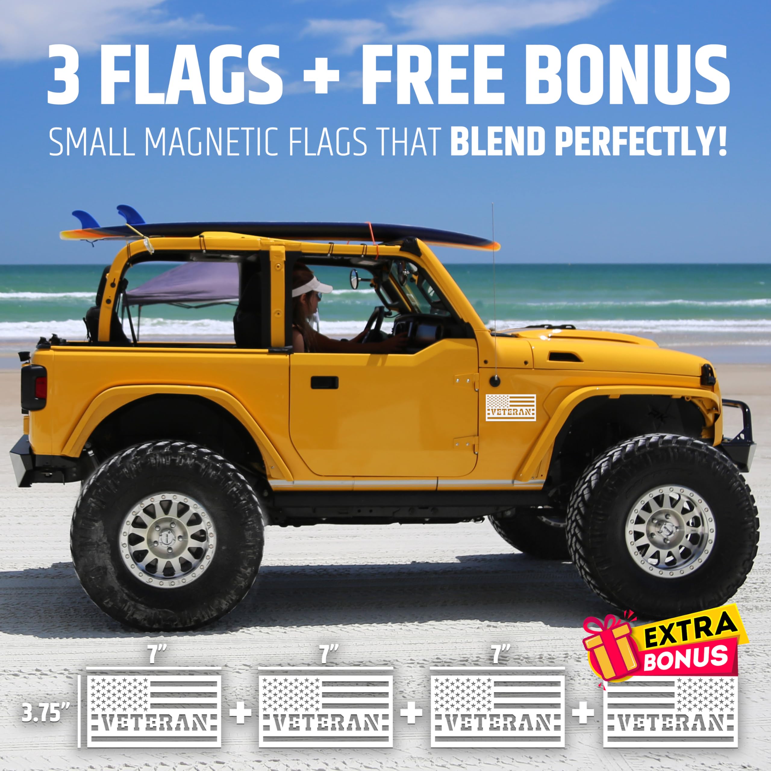 American Flag Magnets For Trucks & Cars (3 Pack) - Veteran Edition + Bonus Reverse Design | Magnetic Us Flags Cut-Out | Powerful