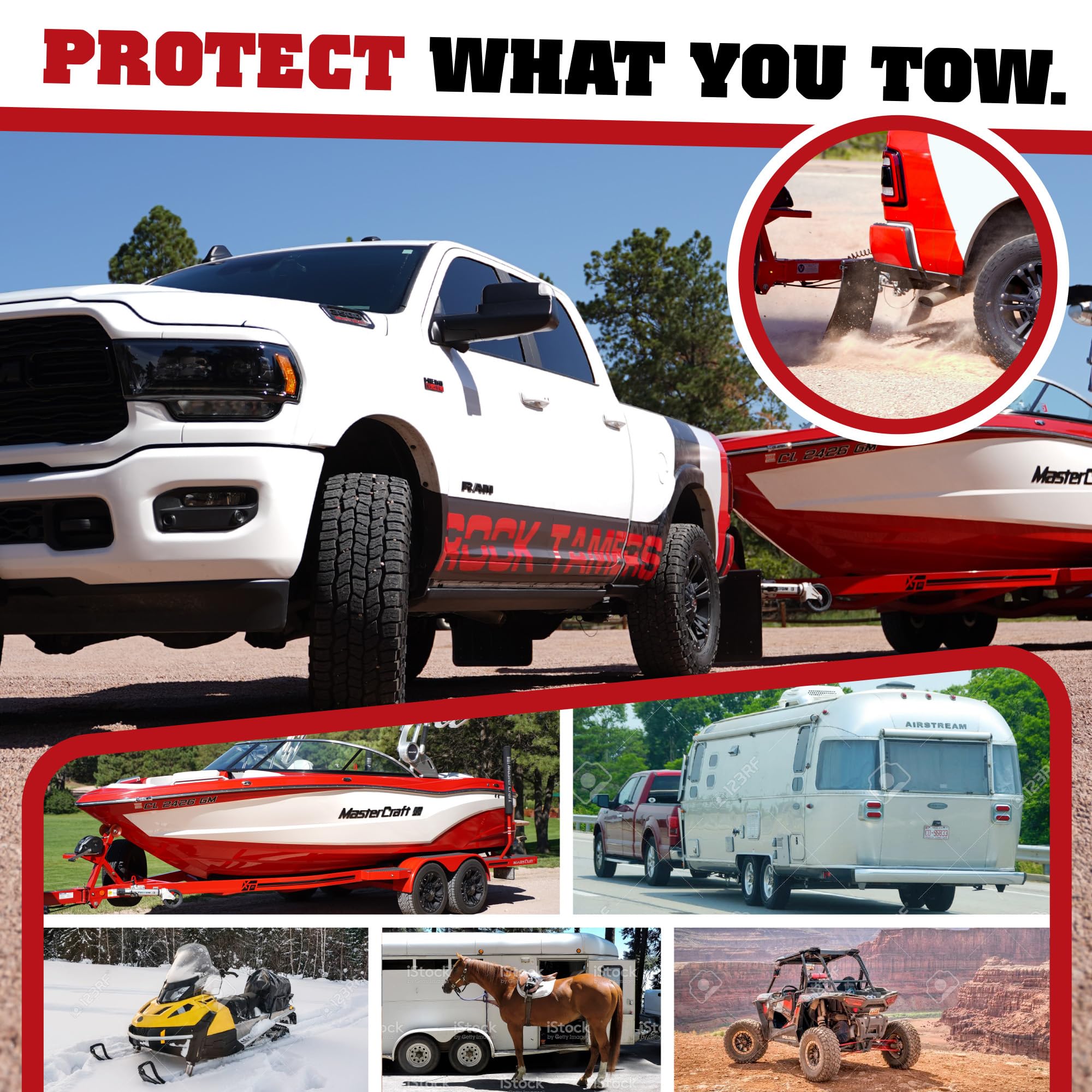 Rock Tamers Hitch Mounted Mud Flap System - 2.5" Receiver, Matte Black/Stainless Steel, Model 00110, Adjustable & Removable