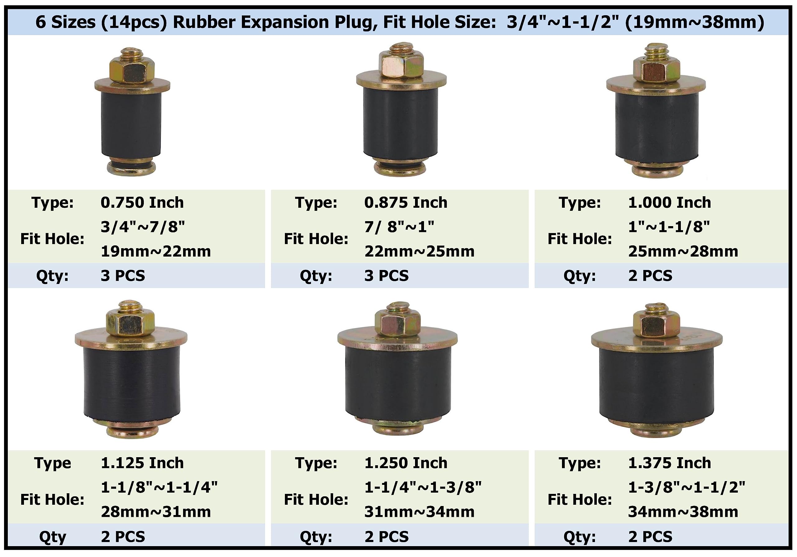 Dsnaduo Neoprene Rubber Expansion Plug Set - 14pcs, Fits 3/4" to 1-1/2", Model DP19-38, Durable Automotive Frost Plug