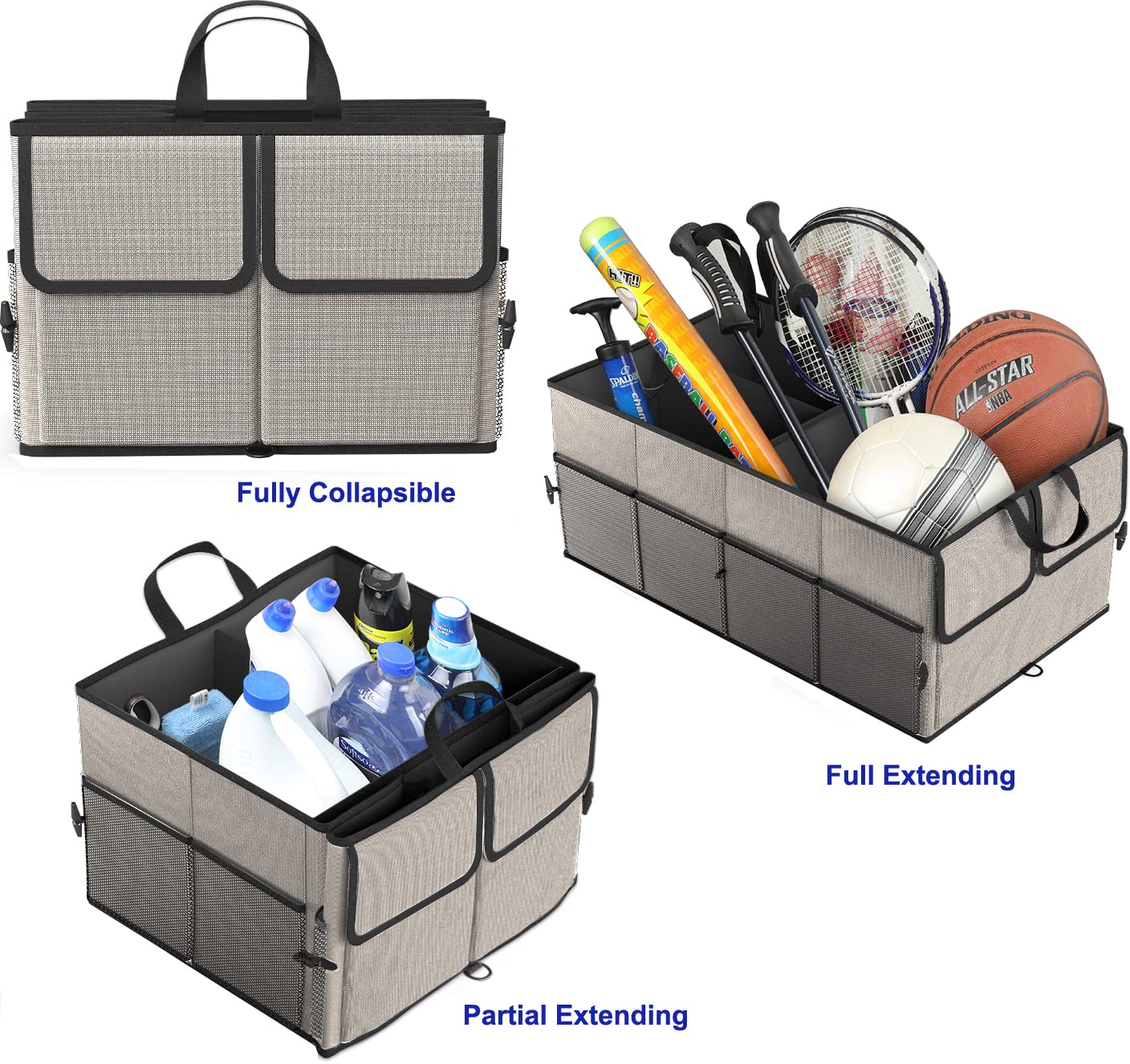Epauto Foldable Car Trunk Organizer, 3-Compartment With Removable Divider, Gray