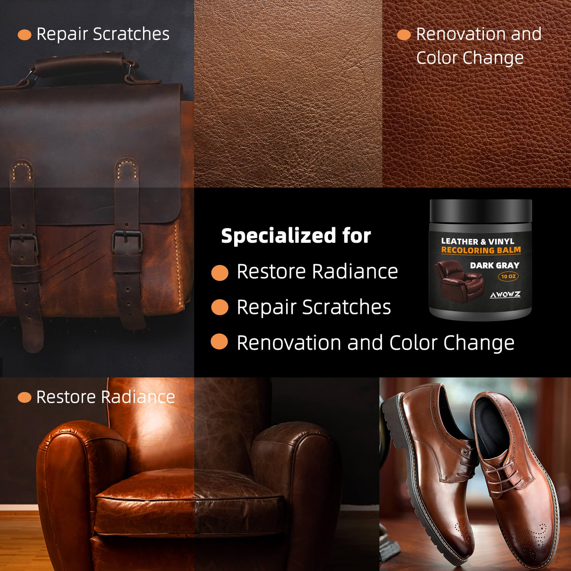 AWOWZ Leather Recoloring Balm - 10OZ Scratch Repair Kit for Faded Leather, Dark Gray, Model SG, for Furniture & Car Seats