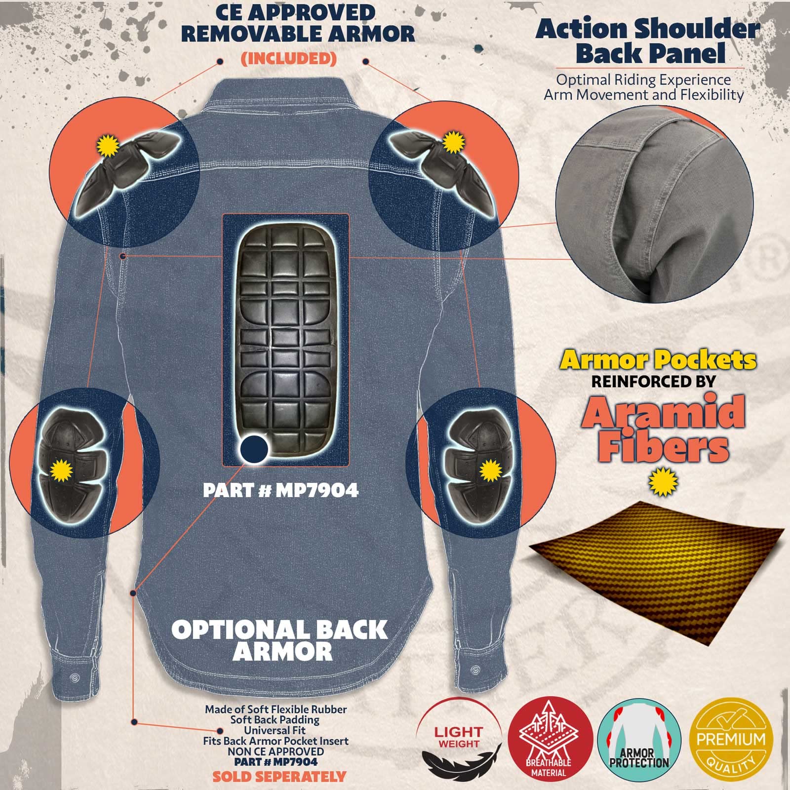 Milwaukee Leather Men's Plaid Flannel Blue Biker Shirt with CE Approved Armor Reinforced w/Aramid Fiber MPM1634 - Small