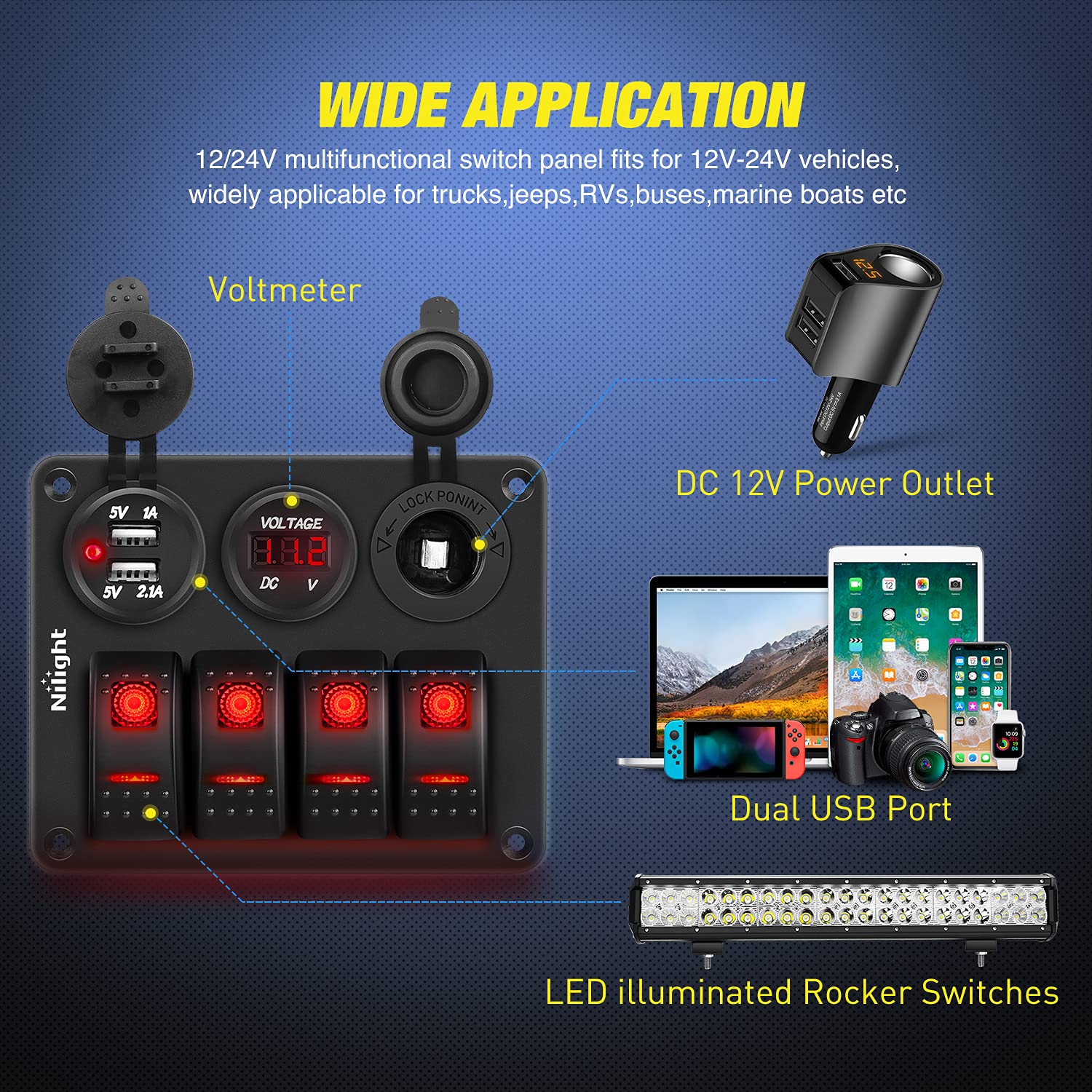 Nilight 4Gang Rocker Switch Panel with USB Charger Voltmeter and Cigar Lighter 12V 24V Toggle ON Off Red Night Glow Stickers for
