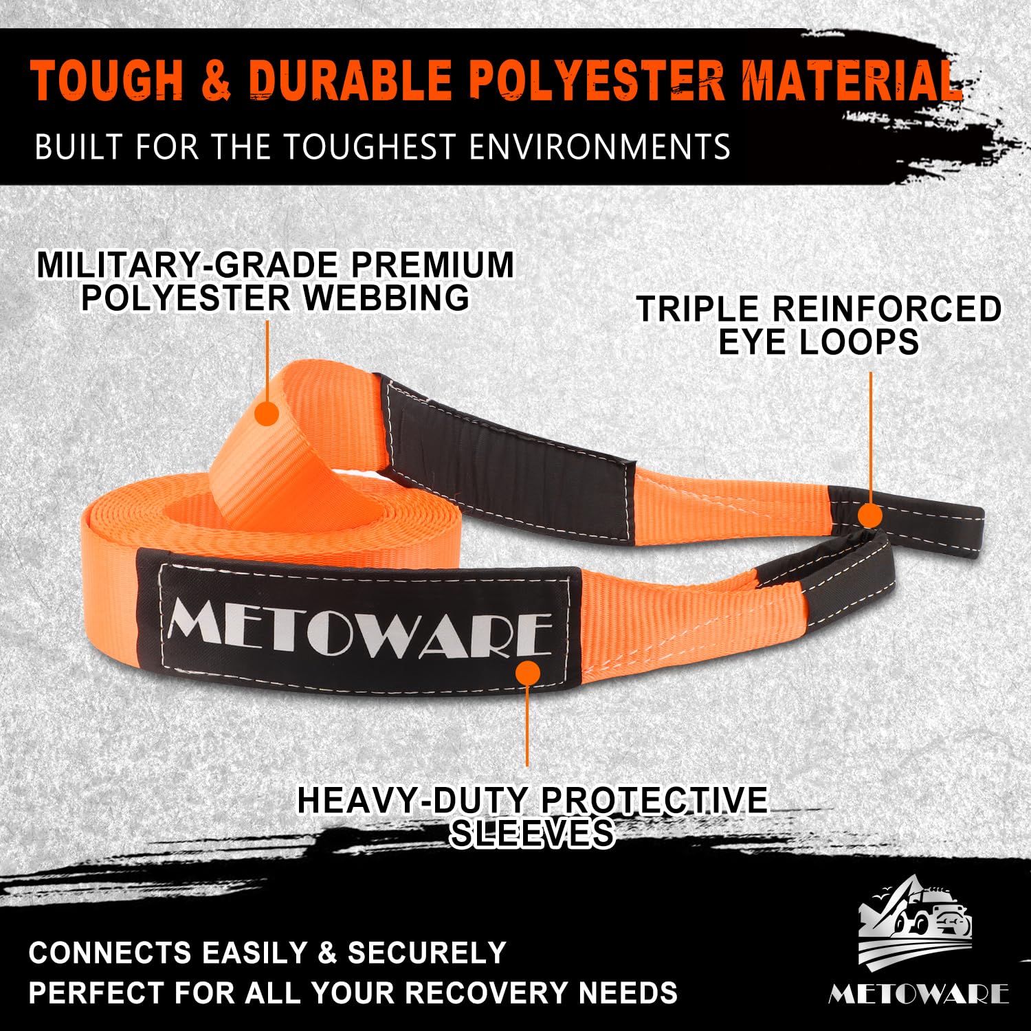 Metoware Tow Strap 3''    30Ft Recovery Strap, Heavy Duty Tow Straps With 35,000 Lb Capacity, Triple Reinforced Loop Straps, Eme