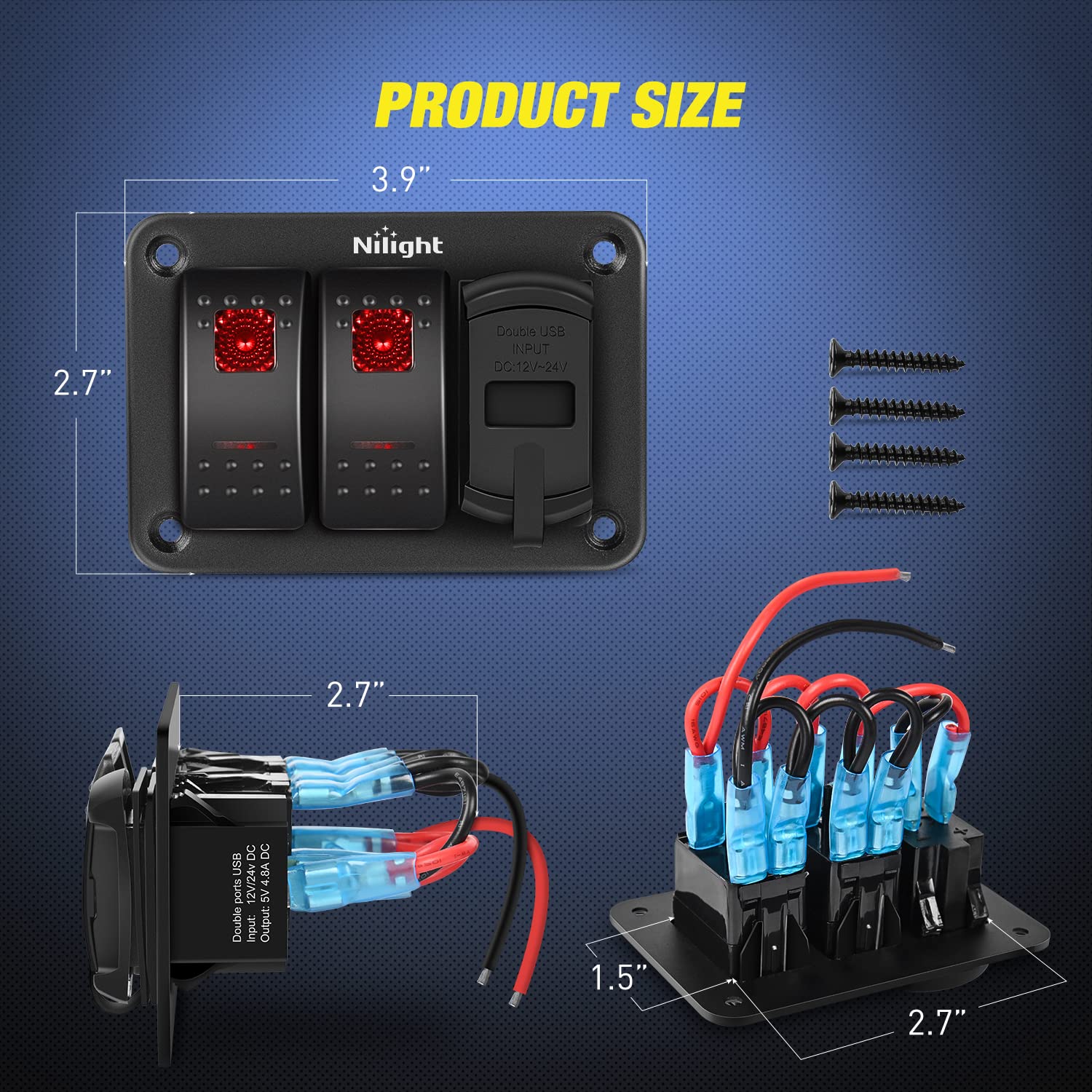 Nilight 2 Gang Rocker Switch Panel Red Backlit With 4.8 Amp Dual Usb Charger Voltmeter Waterproof 12V 24V Dc Night Glow Stickers