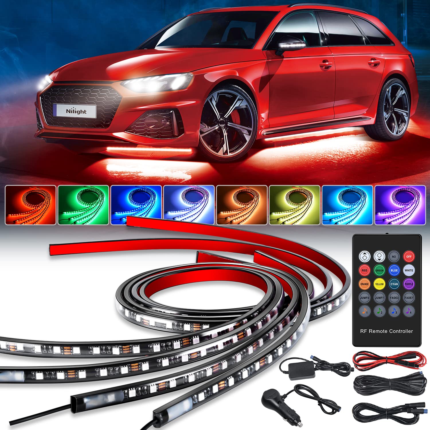 Nilight 4Pcs Car Underglow Neon Accent Strip Lights 252 Leds Rgb 8 Color Sound Active Function Music Mode With Wireless Remote C