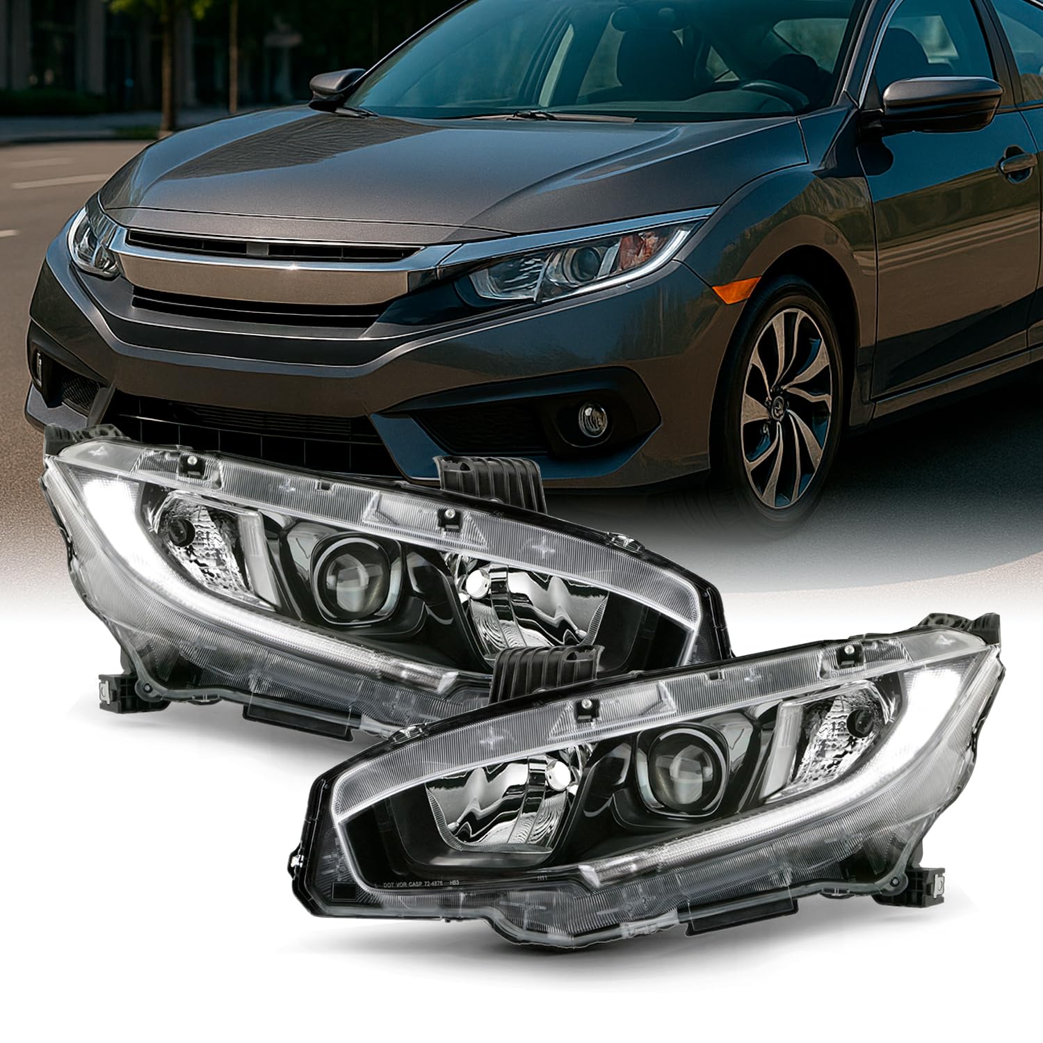 AKKON - Fits 2016-2021 Honda Civic [Halogen Type] Projector Black Headlights Pair Headlamp Left Driver + Right Passenger