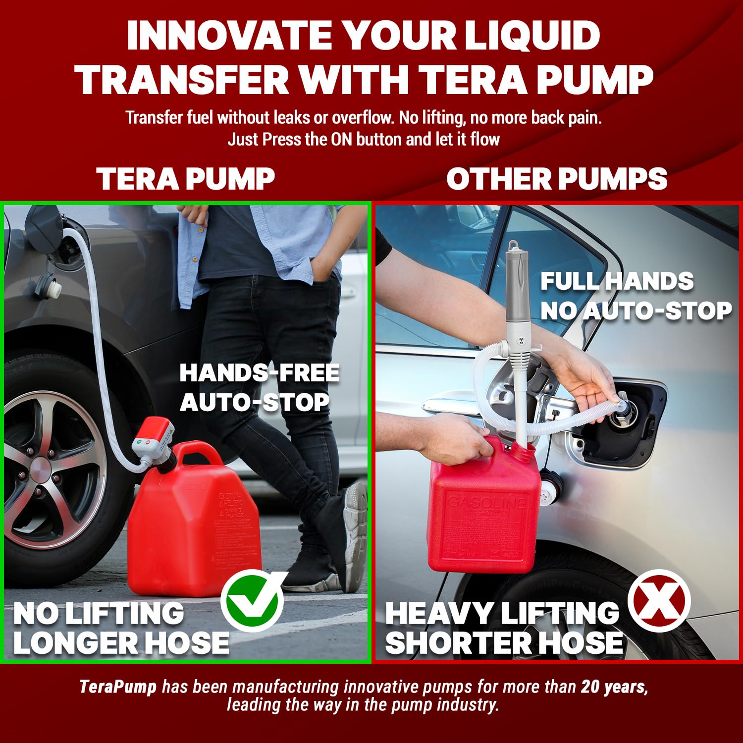 TERA PUMP 4th Gen. Overflow Protection Fuel Transfer Pump, Gas Fueling Made Easy, 3.25-ft Long Hose, Liquid Transfer Pump fits m