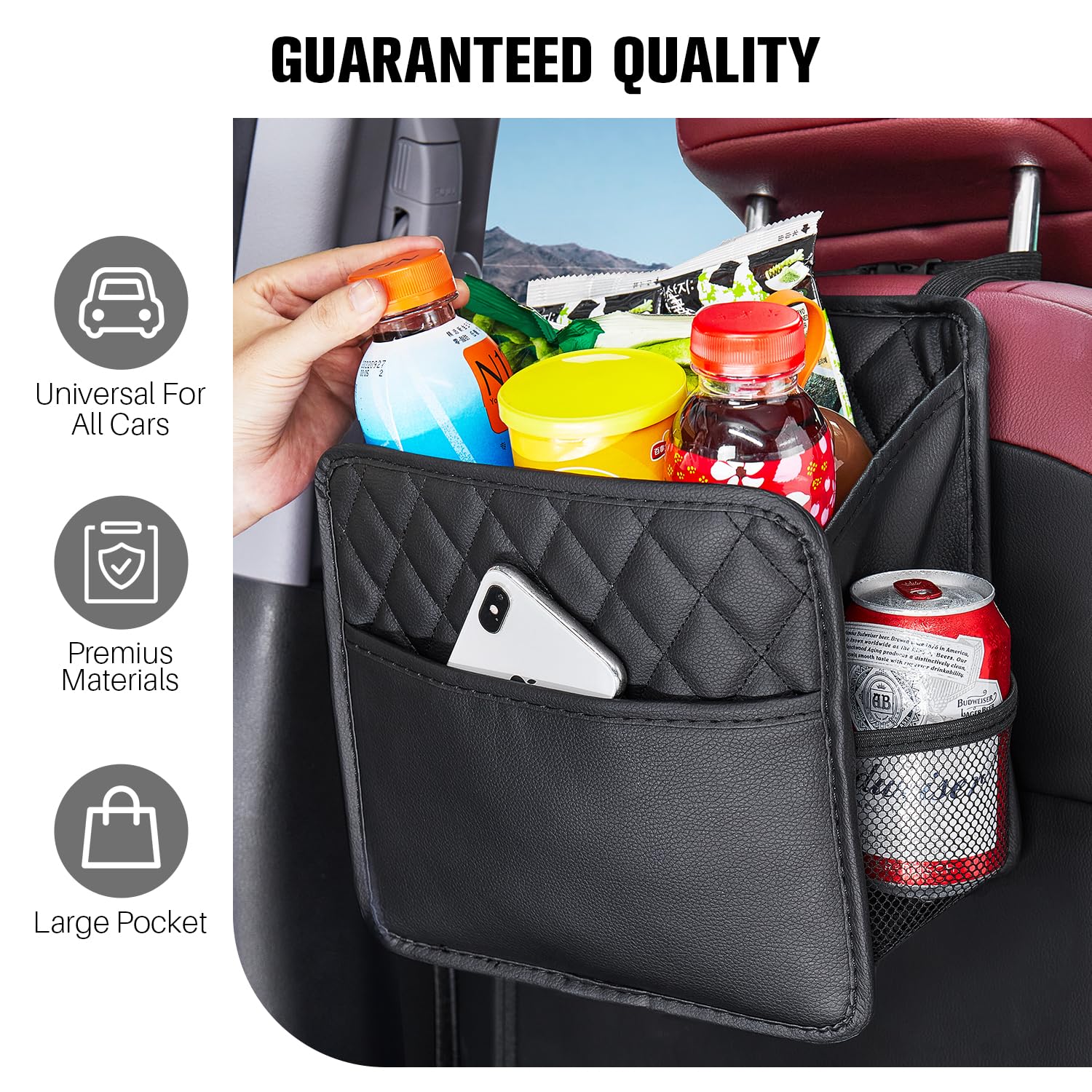 LXUNYI Car Organizer Back Seat - 2 Pack Waterproof Faux Leather, Large Foldable Storage Bag for Kids & Adults, Black