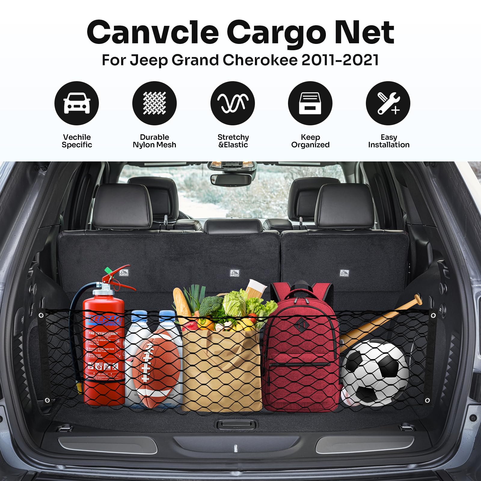Canvcle Trunk Cargo Net - Elastic Nylon Organizer for 2011-2021 Jeep Grand Cherokee - Black, Adjustable with Hooks