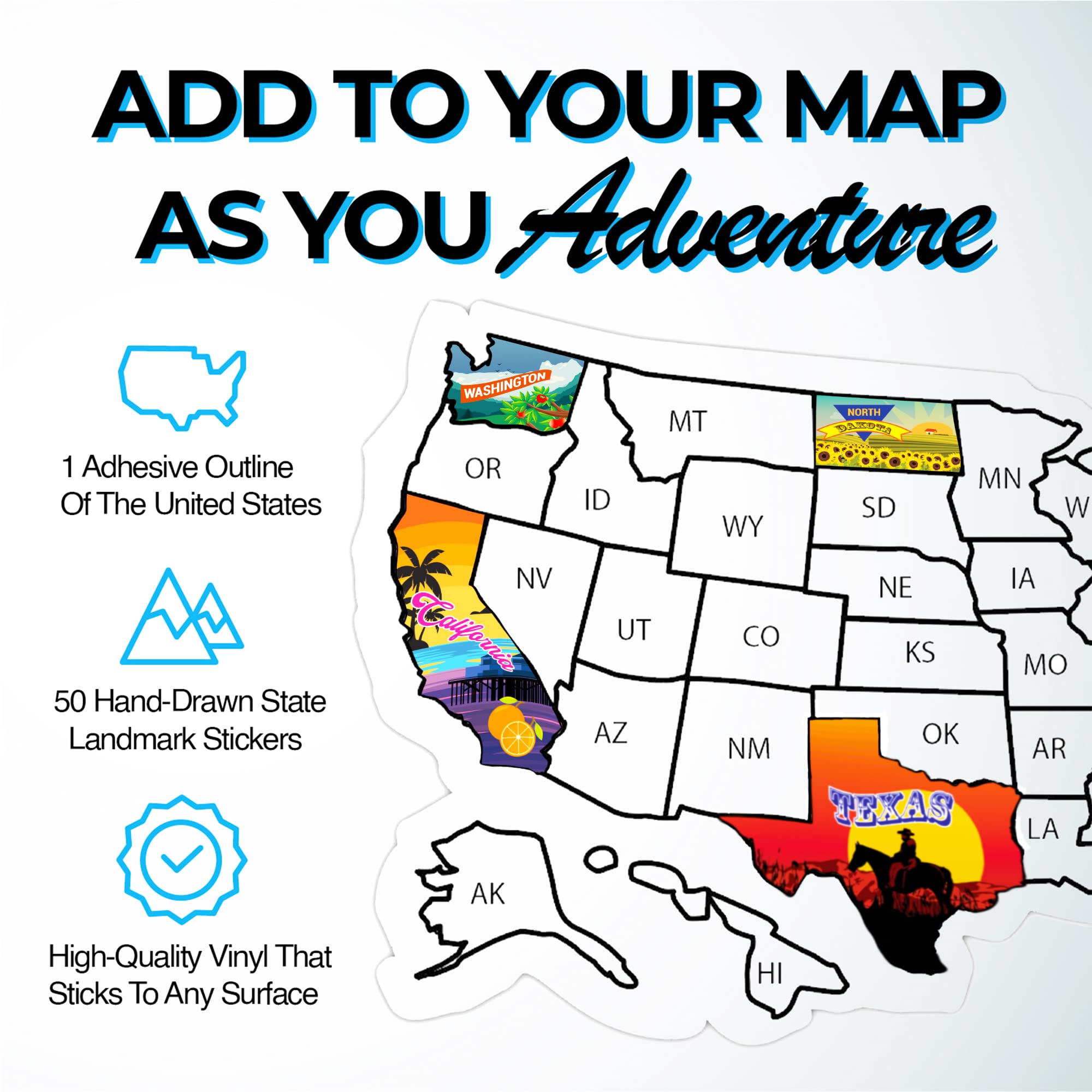RV State Sticker Travel Map - 17 x 11 inch Large USA Decal with 50 Waterproof USA Stickers - Non-Fade Door, Window, Wall RV Decals - Fun Visited Map for Camper, Motorhome, Trailer (Vivid)